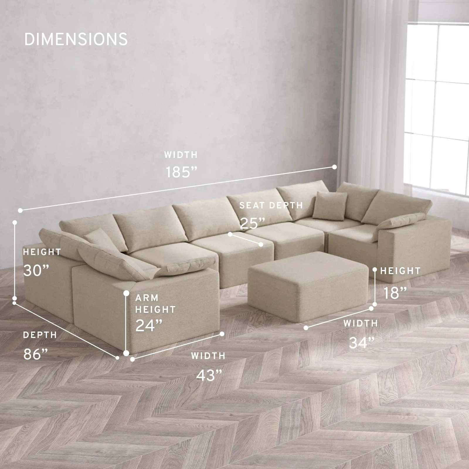 Modular Washable 7-Seater U Sectional + Chaise Ottoman Cloud Sofa | Plush Twill in Sandstone - Image 5