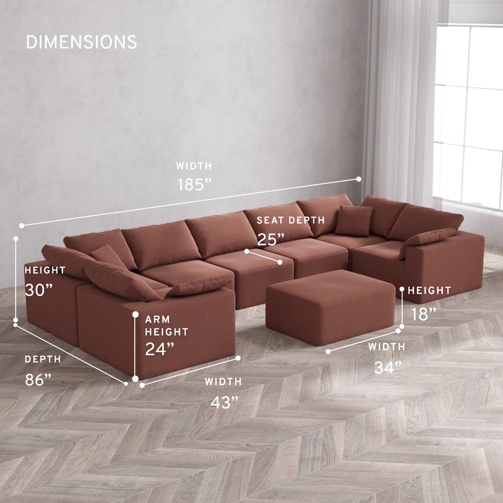 Modular Washable 7-Seater U Sectional + Chaise Ottoman Cloud Sofa | Heirloom Velvet in Sumac - Image 5