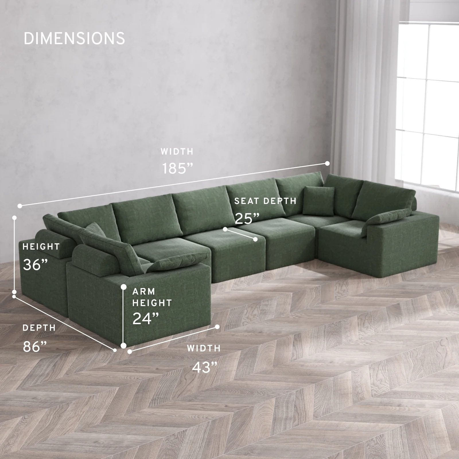 Modular Washable 7-Seater U Sectional Cloud + Bolster Sofa | Heirloom Velvet in Sage - Image 5