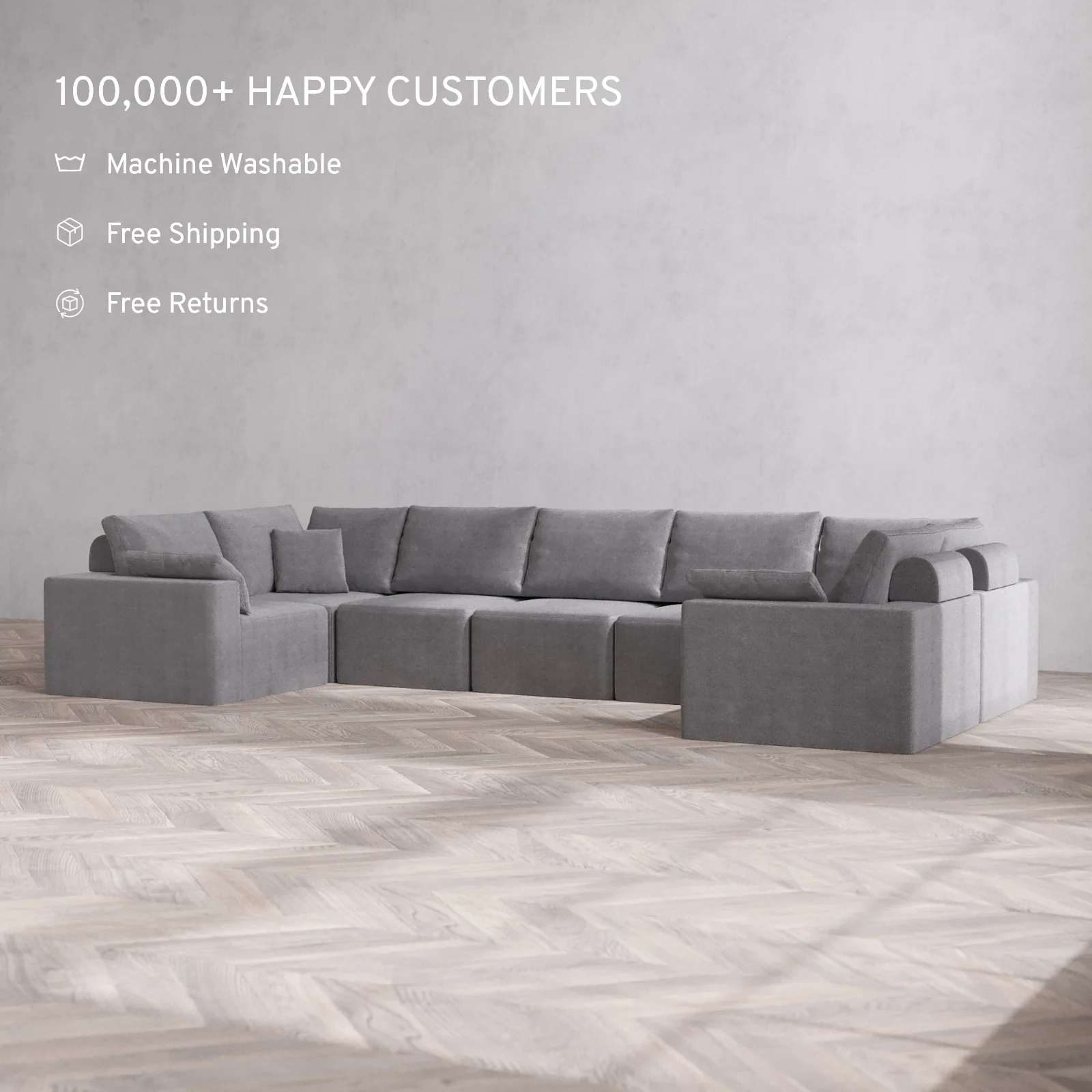 Modular Washable 7-Seater U Sectional Cloud + Bolster Sofa | Lux Weave in Slate - Image 2