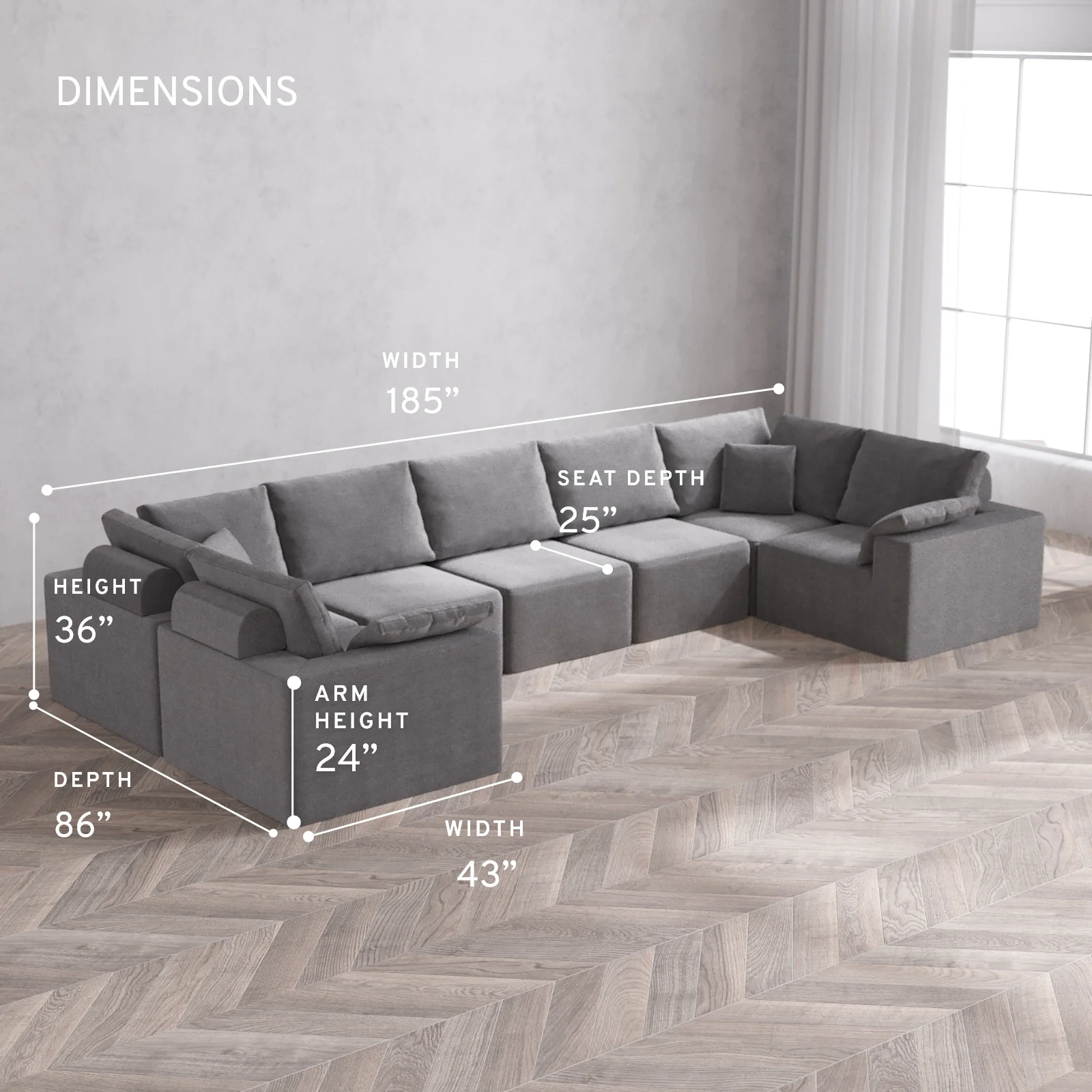 Modular Washable 7-Seater U Sectional Cloud + Bolster Sofa | Lux Weave in Slate - Image 5