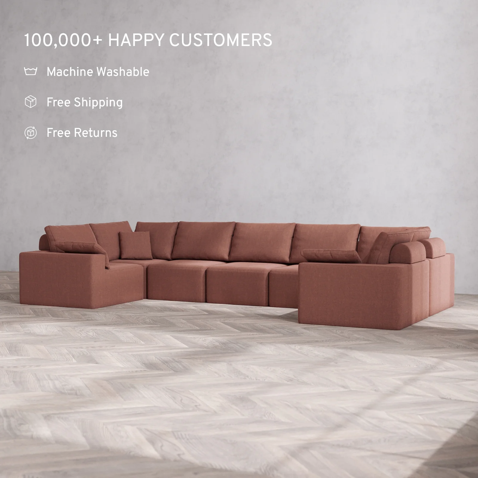 Modular Washable 7-Seater U Sectional Cloud + Bolster Sofa | Heirloom Velvet in Sumac - Image 2