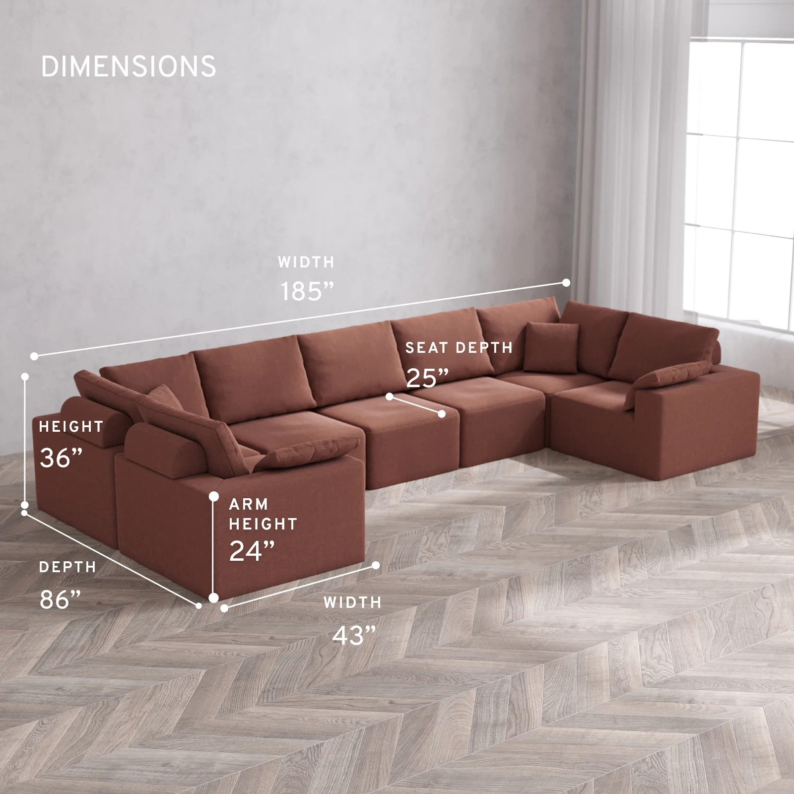 Modular Washable 7-Seater U Sectional Cloud + Bolster Sofa | Heirloom Velvet in Sumac - Image 5