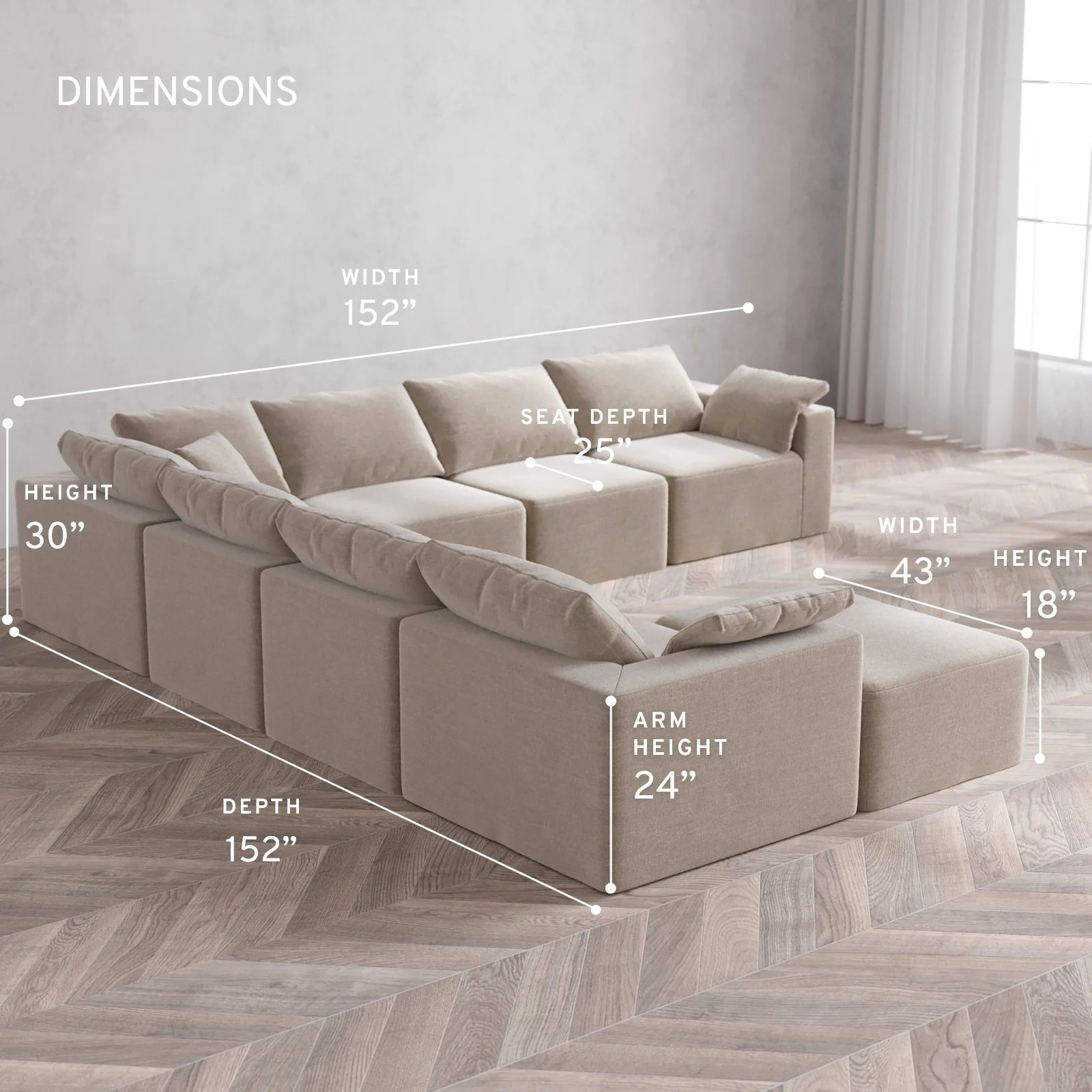 Modular Washable 8-Seater Corner Chaise Sectional Cloud Sofa | Satin Velvet in Caraway - Image 5