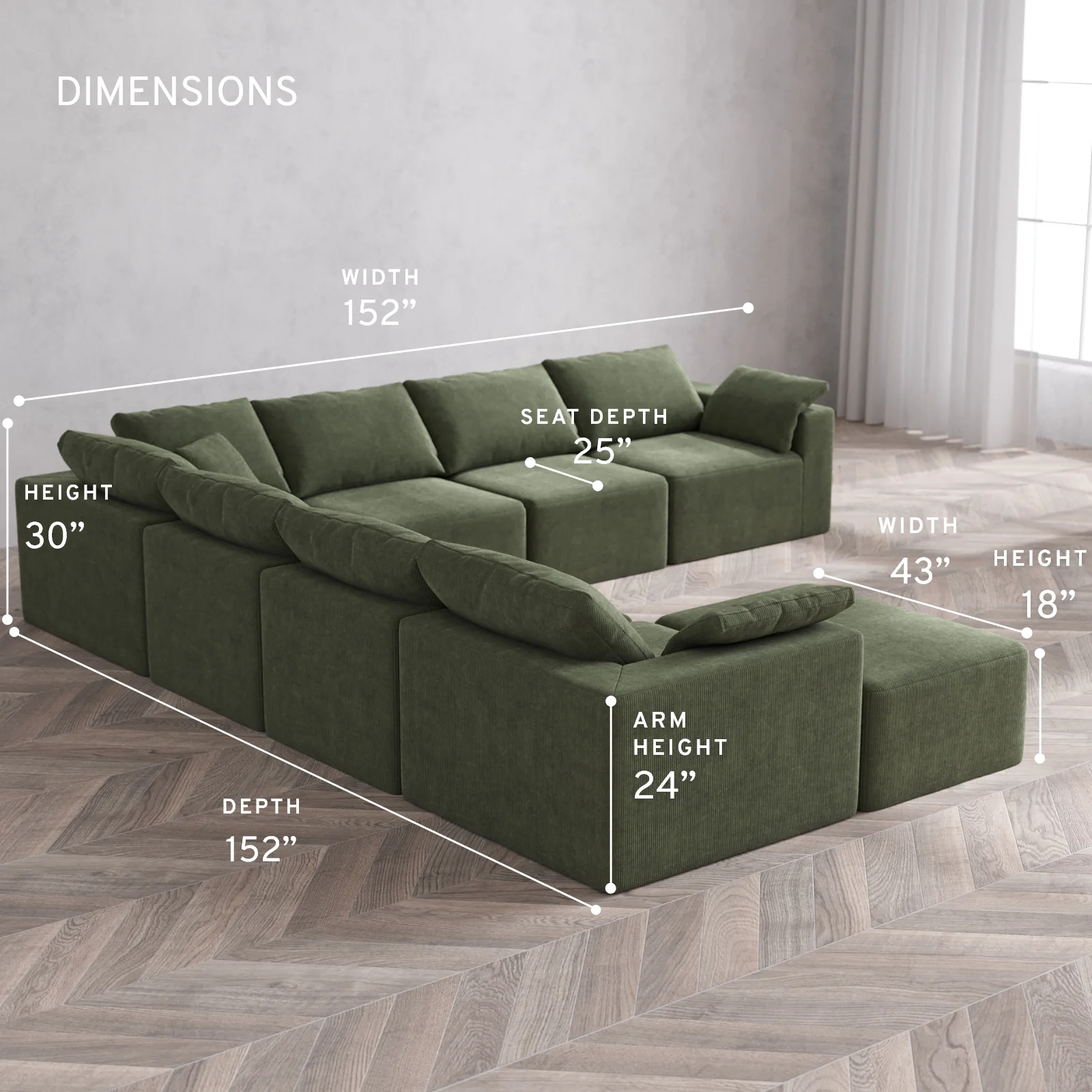 Modular Washable 8-Seater Corner Chaise Sectional Cloud Sofa | Luxe Corduroy in Juniper - Image 5