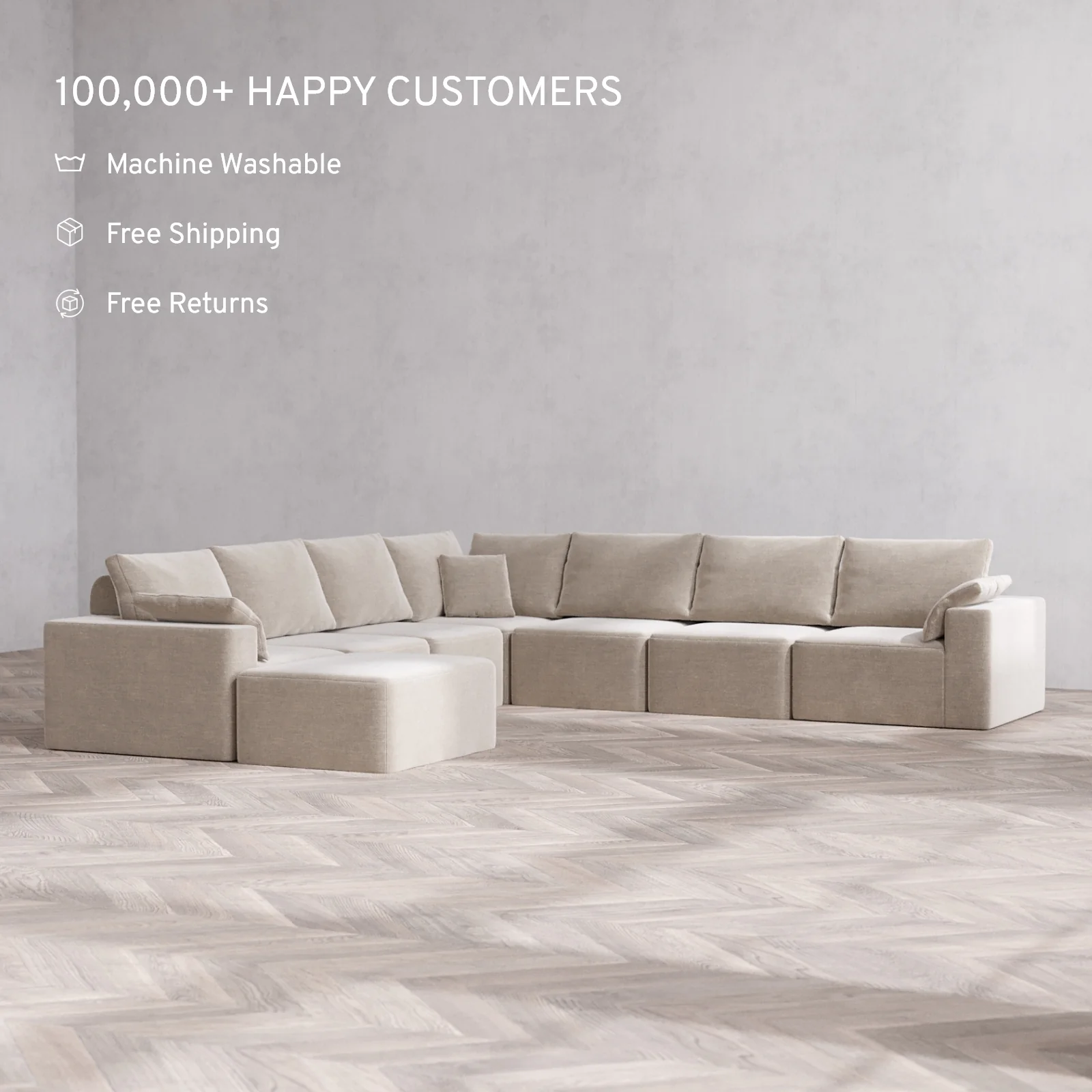 Modular Washable 8-Seater Corner Chaise Sectional Cloud + Bolster Sofa | Satin Velvet in Caraway - Image 2