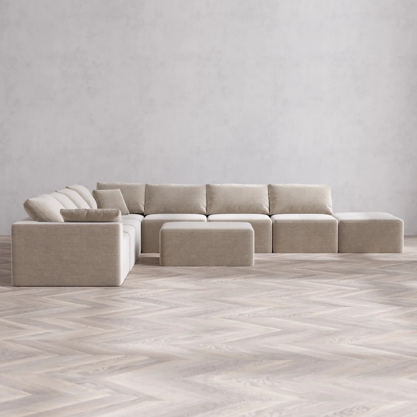 Modular Washable 8-Seater Open End Corner Sectional + Chaise Ottoman Cloud Sofa | Left-Facing Arm | Satin Velvet in Caraway