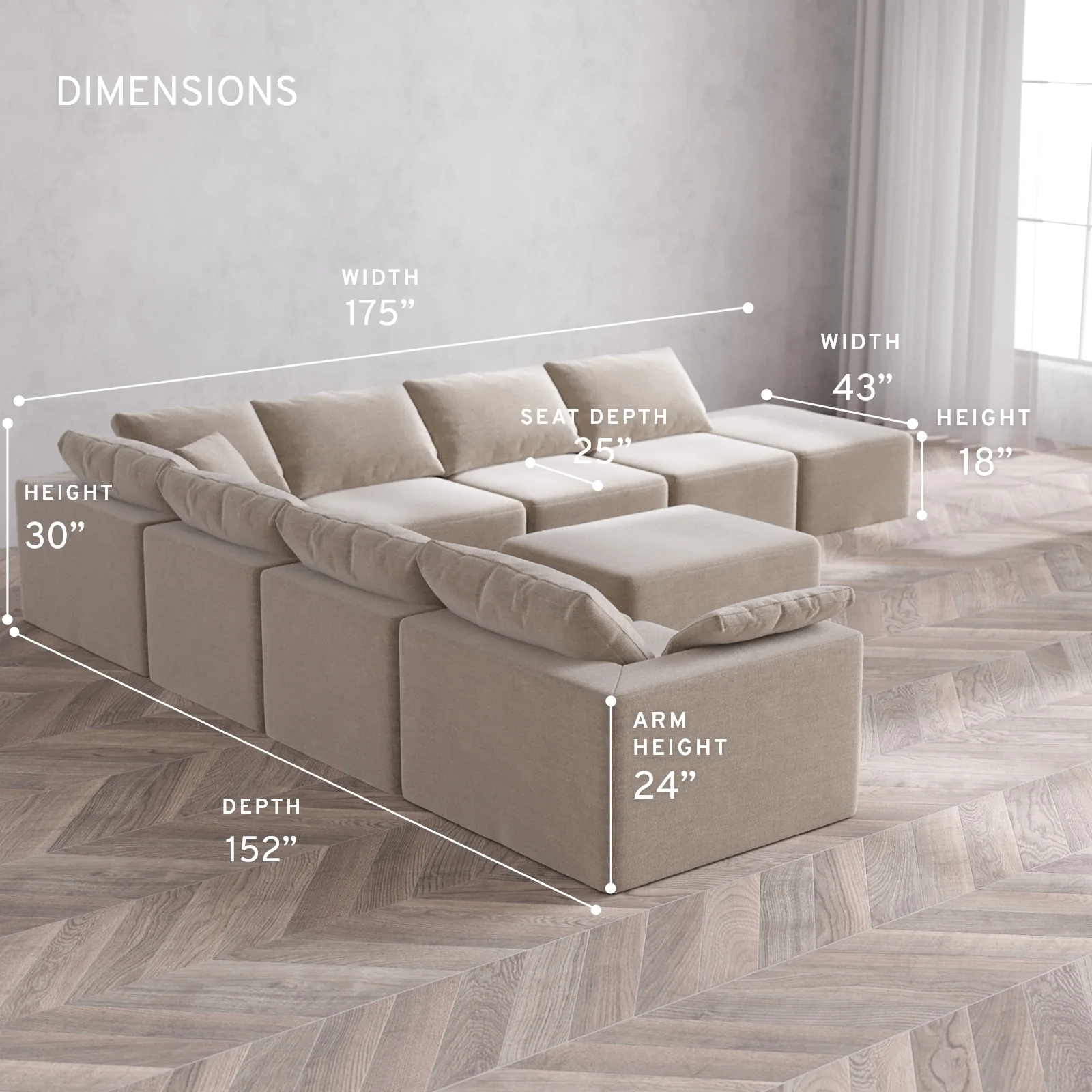 Modular Washable 8-Seater Open End Corner Sectional + Chaise Ottoman Cloud Sofa | Left-Facing Arm | Satin Velvet in Caraway - Image 5