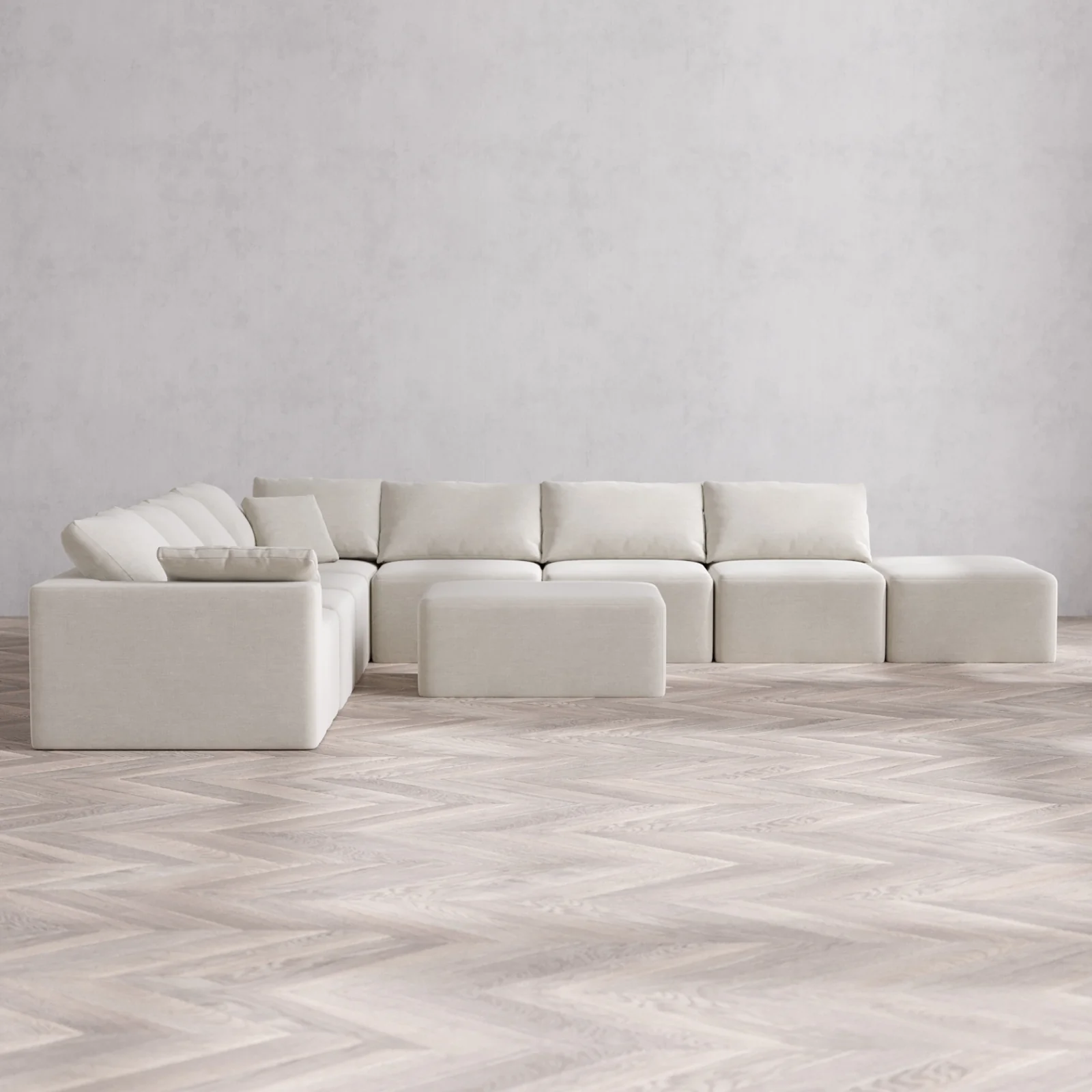 Modular Washable 8-Seater Open End Corner Sectional + Chaise Ottoman Cloud Sofa | Left-Facing Arm | Satin Velvet in Cashew