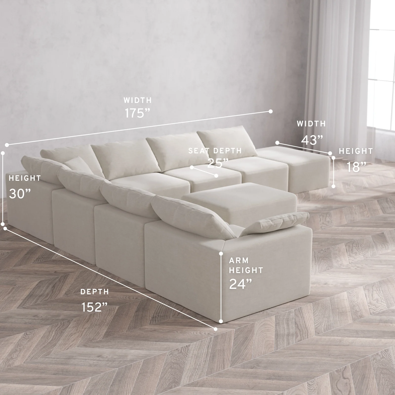 Modular Washable 8-Seater Open End Corner Sectional + Chaise Ottoman Cloud Sofa | Left-Facing Arm | Satin Velvet in Cashew - Image 5
