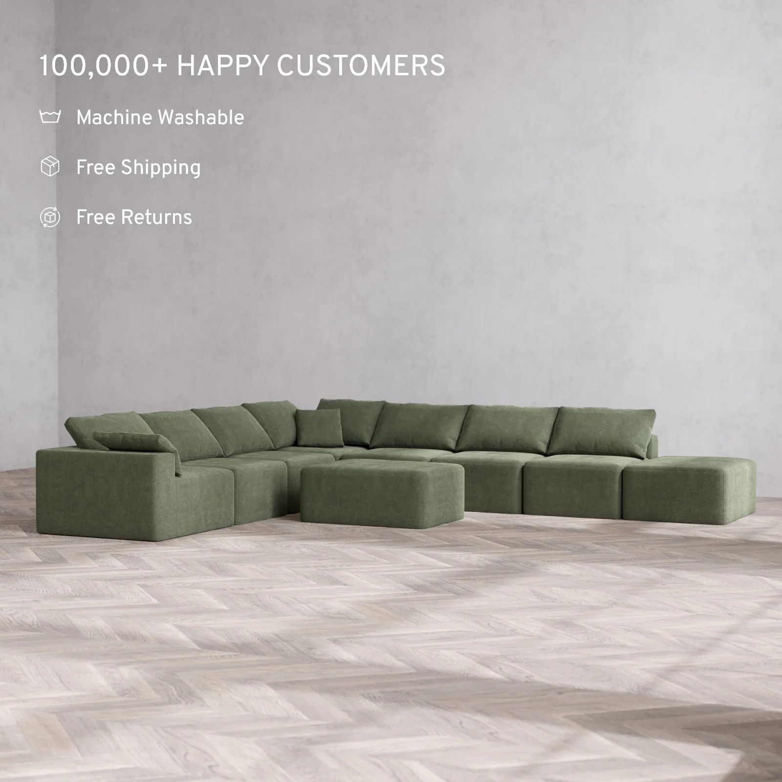 Modular Washable 8-Seater Open End Corner Sectional + Chaise Ottoman Cloud Sofa | Left-Facing Arm | Luxe Corduroy in Juniper - Image 2