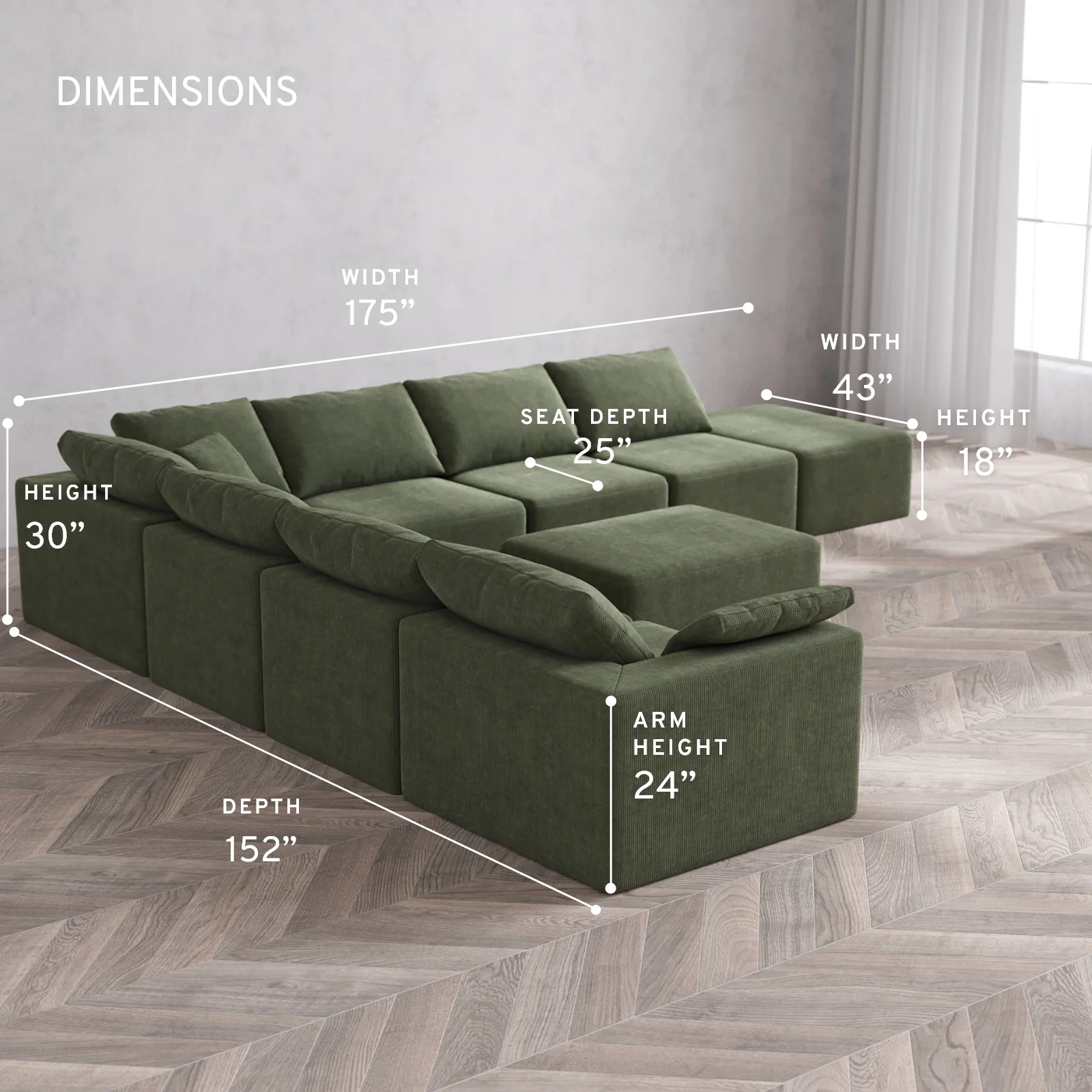 Modular Washable 8-Seater Open End Corner Sectional + Chaise Ottoman Cloud Sofa | Left-Facing Arm | Luxe Corduroy in Juniper - Image 5