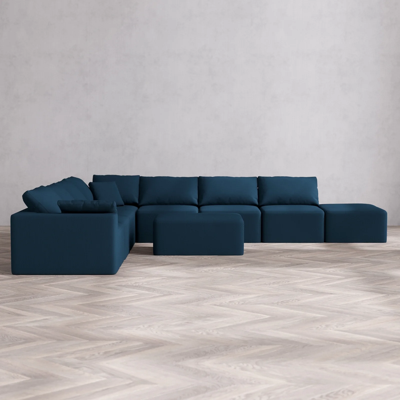 Modular Washable 8-Seater Open End Corner Sectional + Chaise Ottoman Cloud Sofa | Left-Facing Arm | Arden Weave in Lazuli