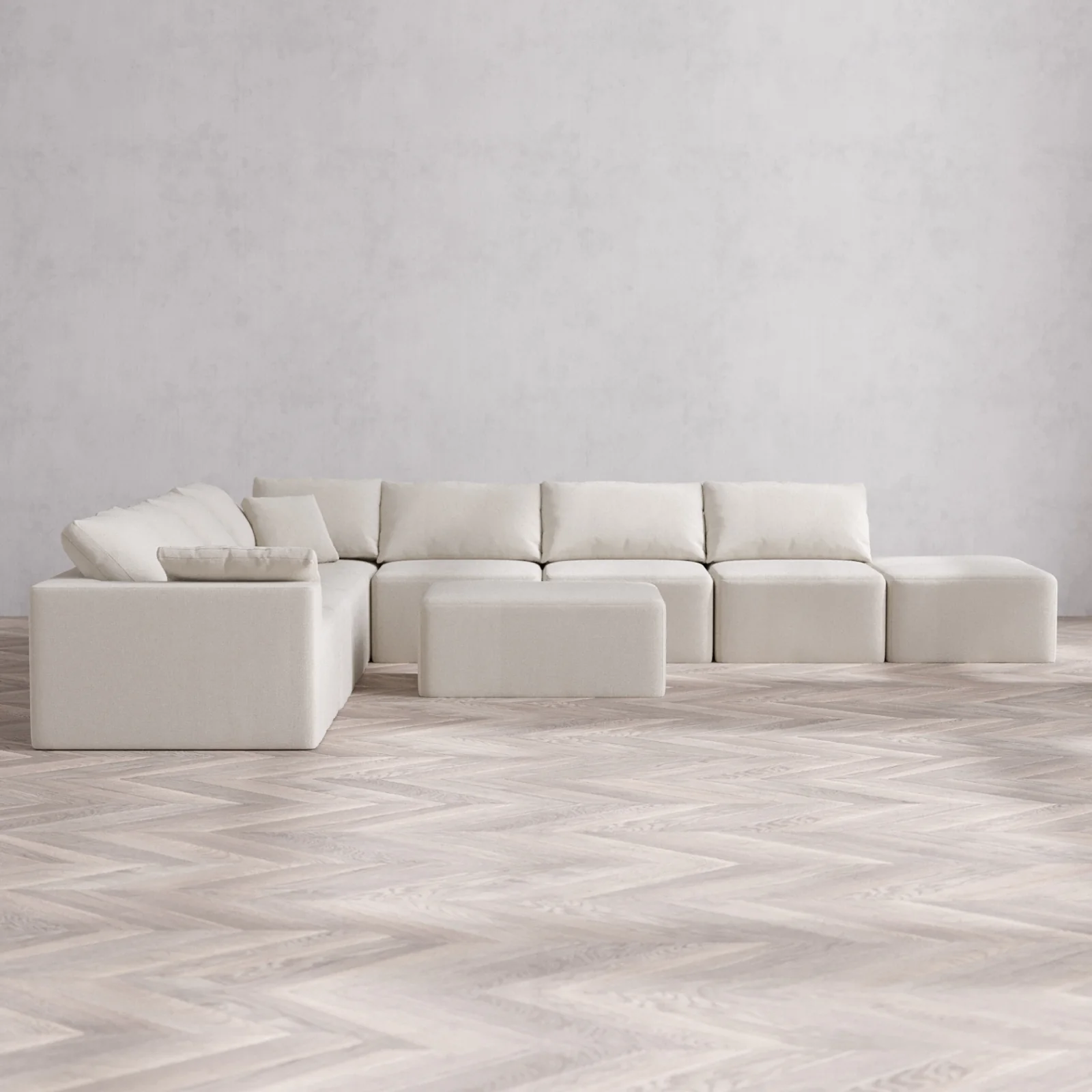 Modular Washable 8-Seater Open End Corner Sectional + Chaise Ottoman Cloud Sofa | Left-Facing Arm | Lux Weave in Pearl