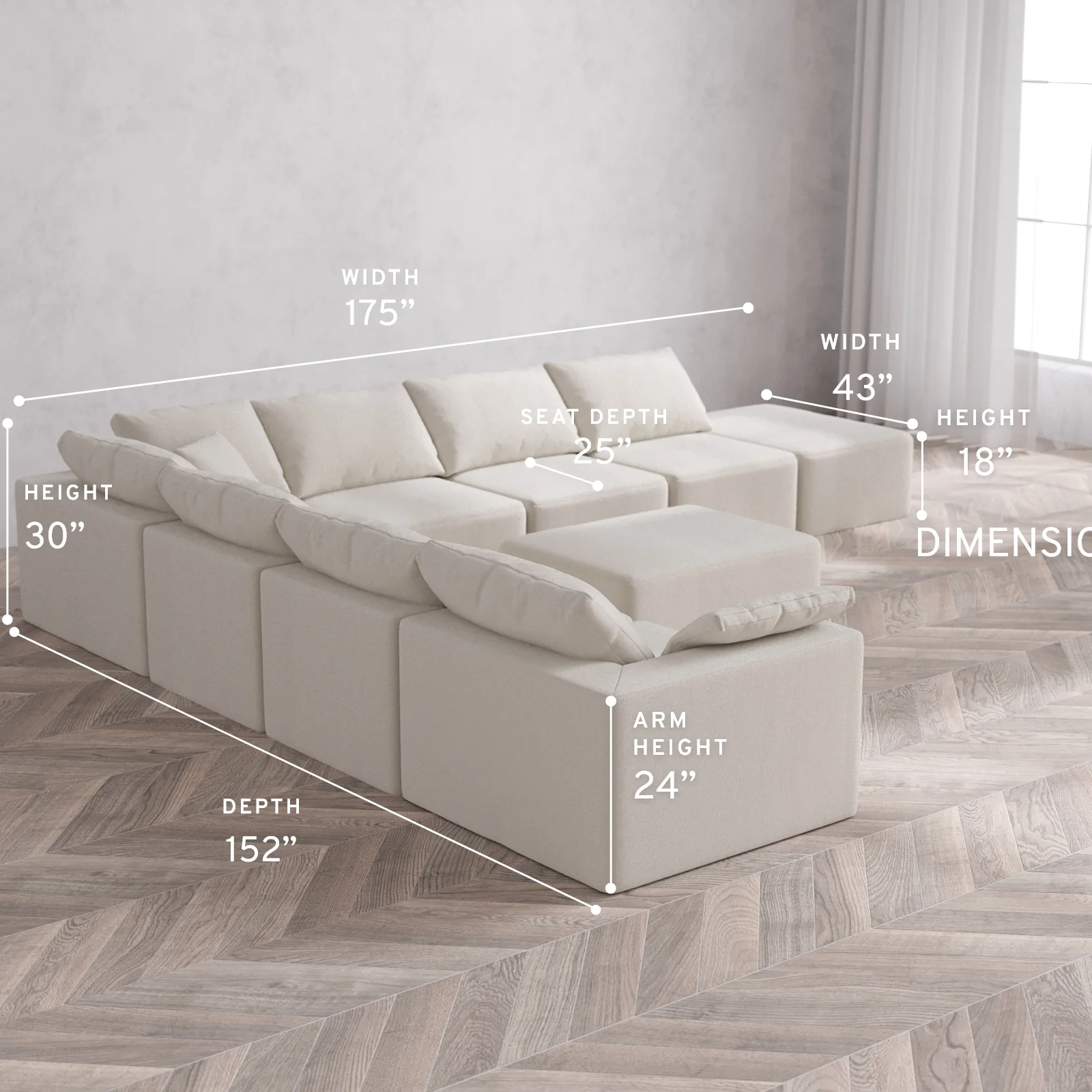 Modular Washable 8-Seater Open End Corner Sectional + Chaise Ottoman Cloud Sofa | Left-Facing Arm | Lux Weave in Pearl - Image 5