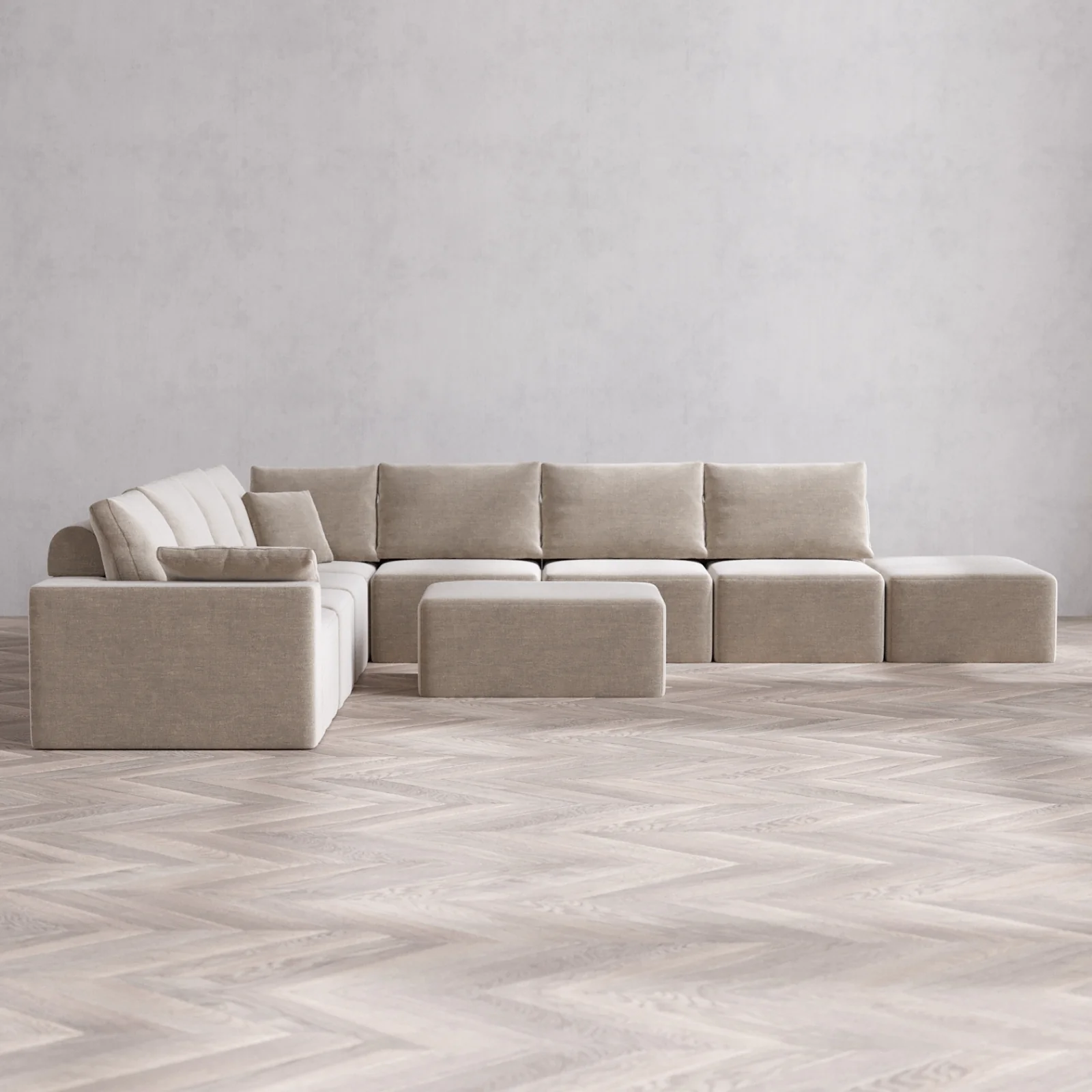 Modular Washable 8-Seater Open End Corner Sectional + Chaise Ottoman Cloud + Bolster Sofa | Left-Facing Arm | Satin Velvet in Caraway
