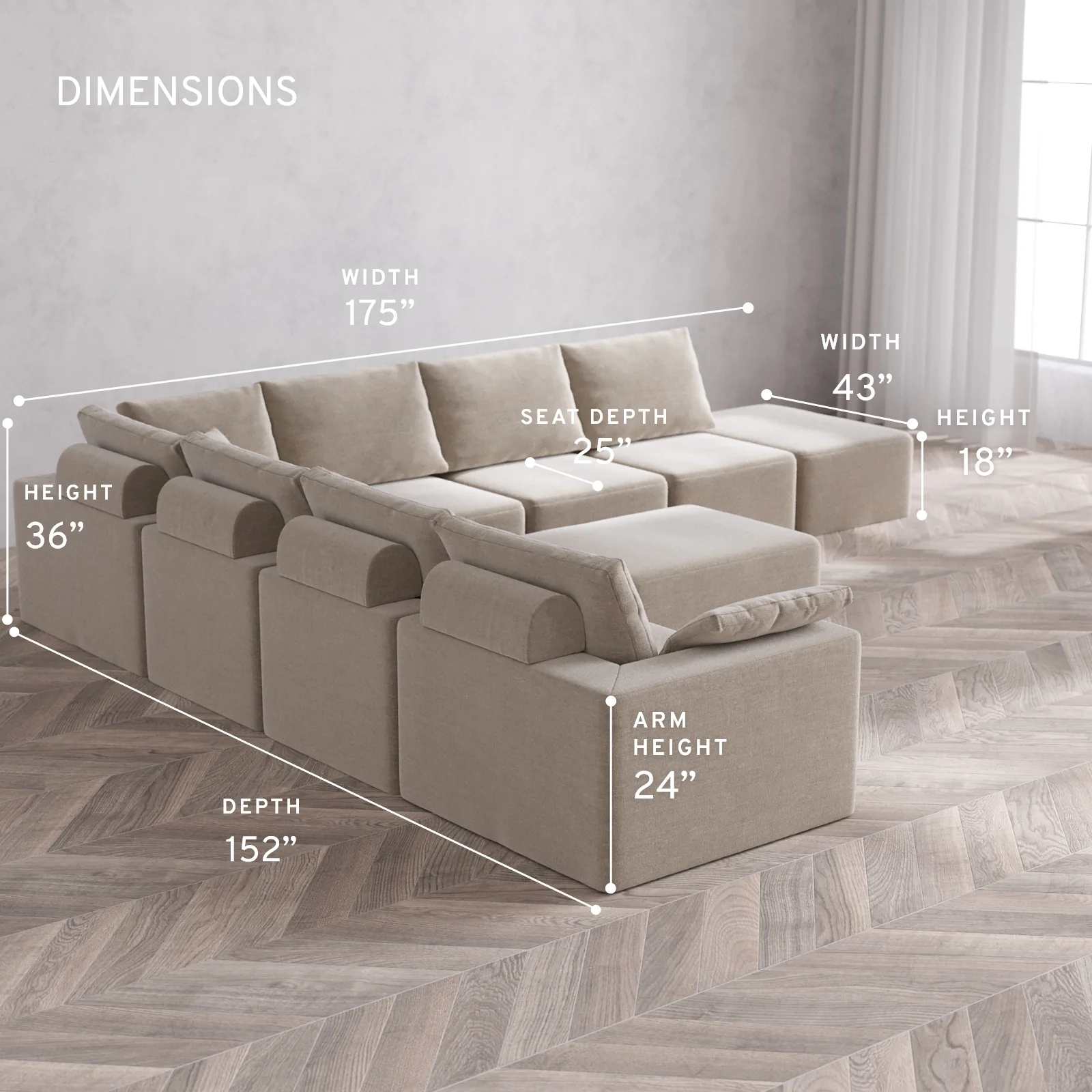 Modular Washable 8-Seater Open End Corner Sectional + Chaise Ottoman Cloud + Bolster Sofa | Left-Facing Arm | Satin Velvet in Caraway - Image 5