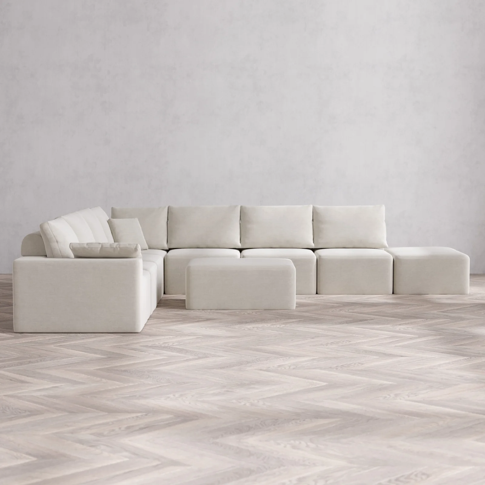 Modular Washable 8-Seater Open End Corner Sectional + Chaise Ottoman Cloud + Bolster Sofa | Left-Facing Arm | Satin Velvet in Cashew