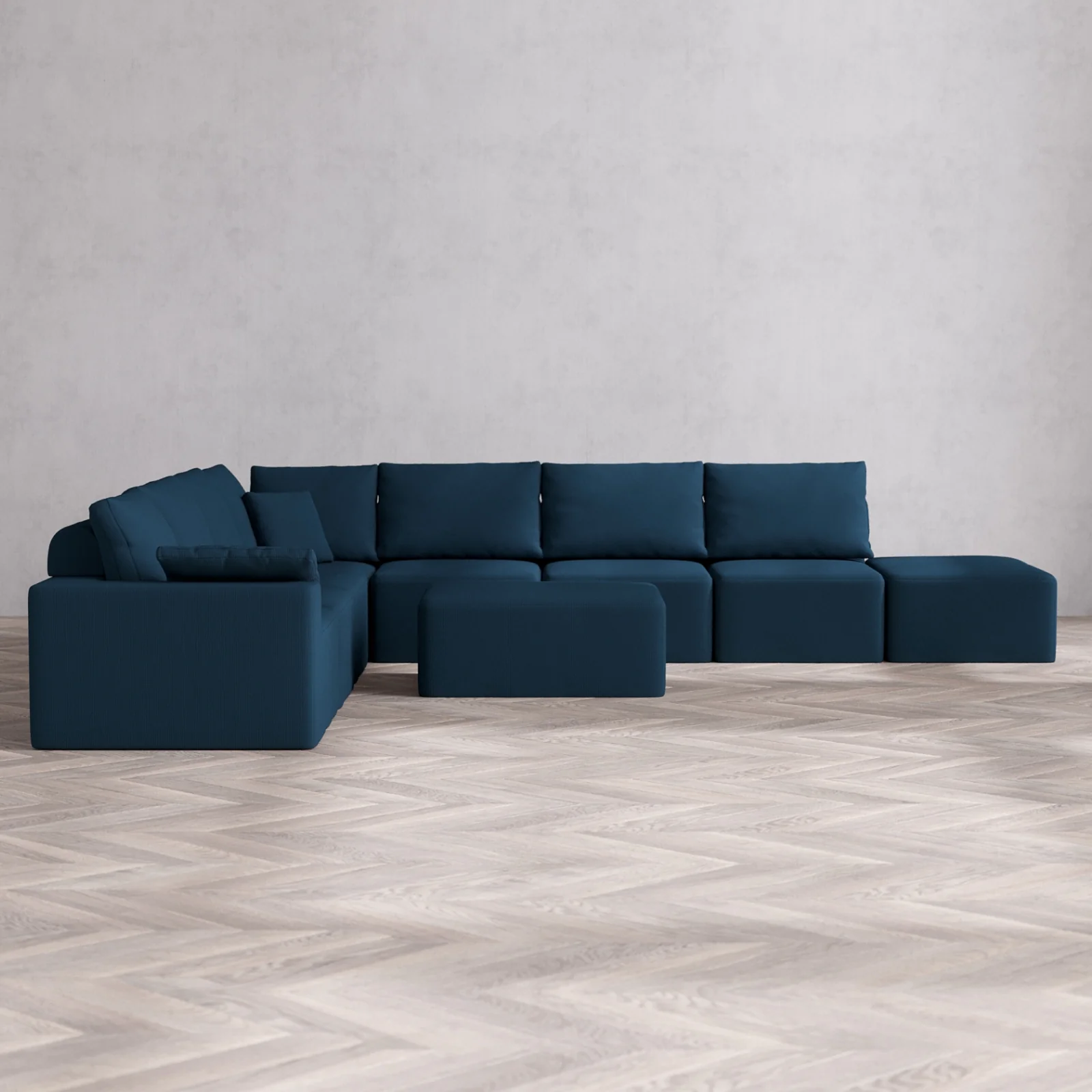 Modular Washable 8-Seater Open End Corner Sectional + Chaise Ottoman Cloud + Bolster Sofa | Left-Facing Arm | Arden Weave in Lazuli