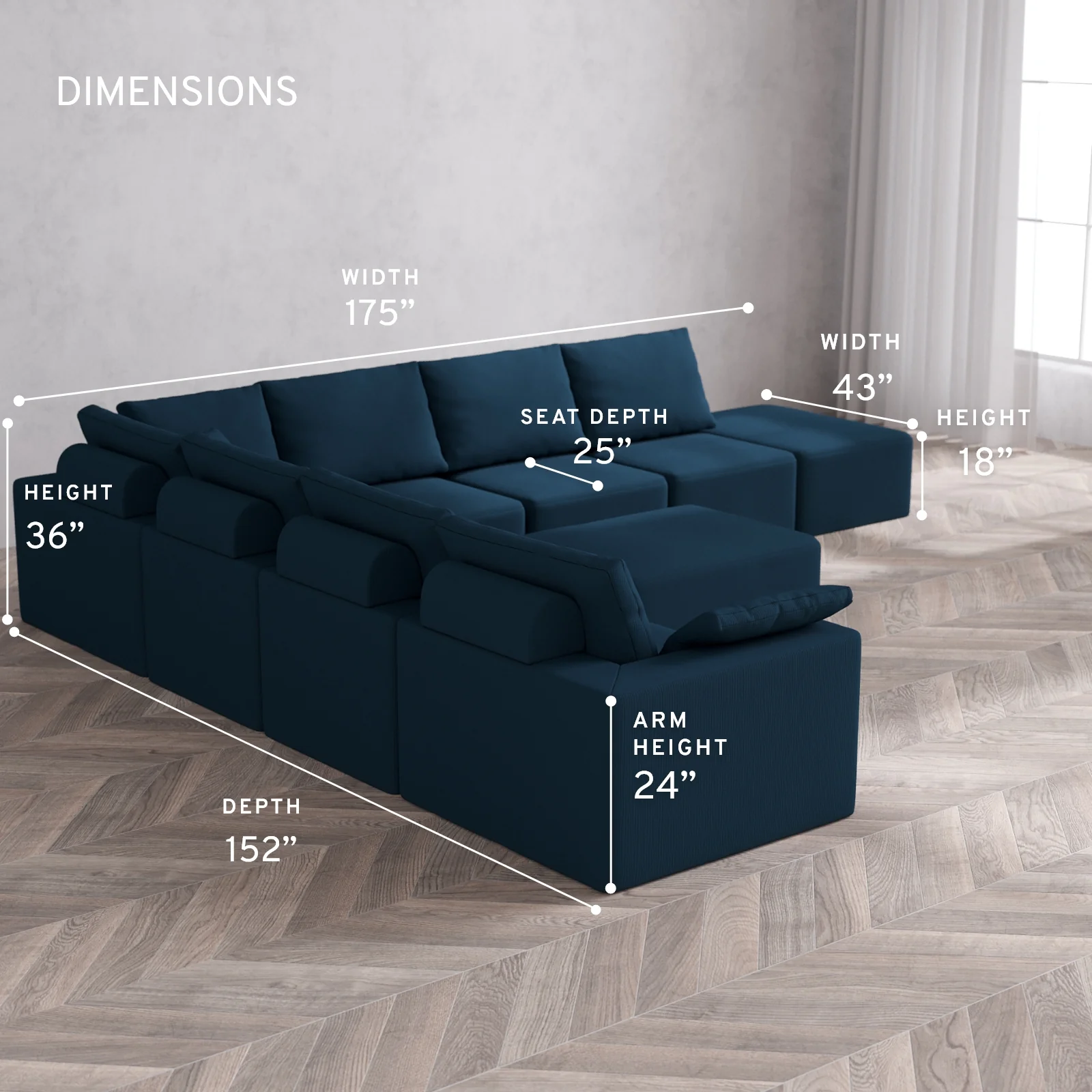 Modular Washable 8-Seater Open End Corner Sectional + Chaise Ottoman Cloud + Bolster Sofa | Left-Facing Arm | Arden Weave in Lazuli - Image 5