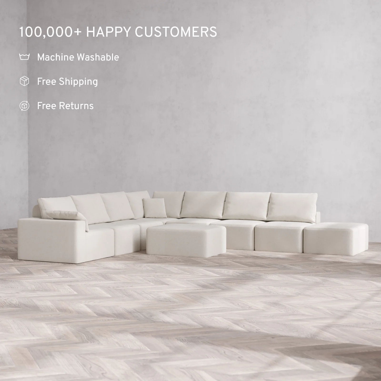 Modular Washable 8-Seater Open End Corner Sectional + Chaise Ottoman Cloud + Bolster Sofa | Left-Facing Arm | Lux Weave in Pearl - Image 2