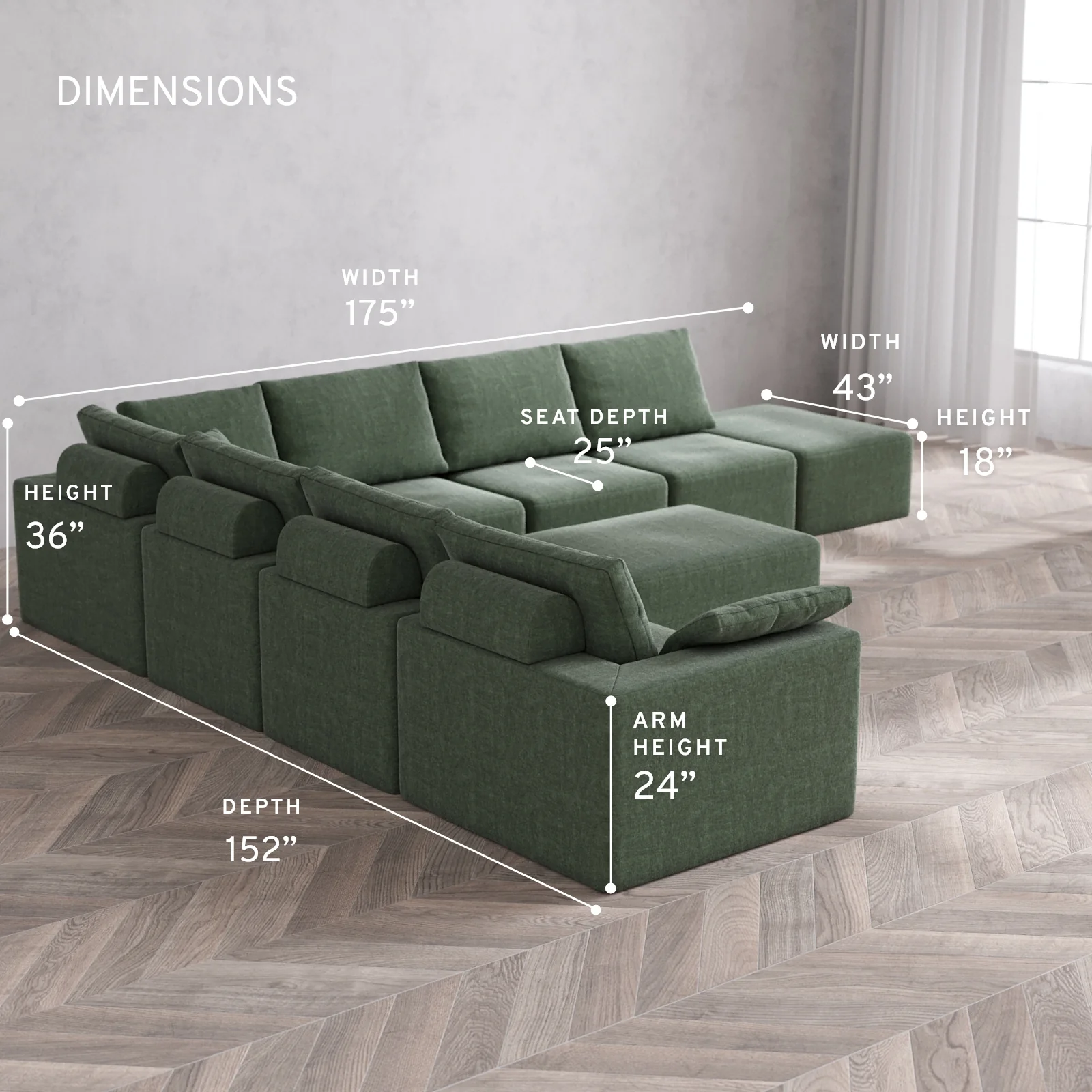 Modular Washable 8-Seater Open End Corner Sectional + Chaise Ottoman Cloud + Bolster Sofa | Left-Facing Arm | Heirloom Velvet in Sage - Image 5