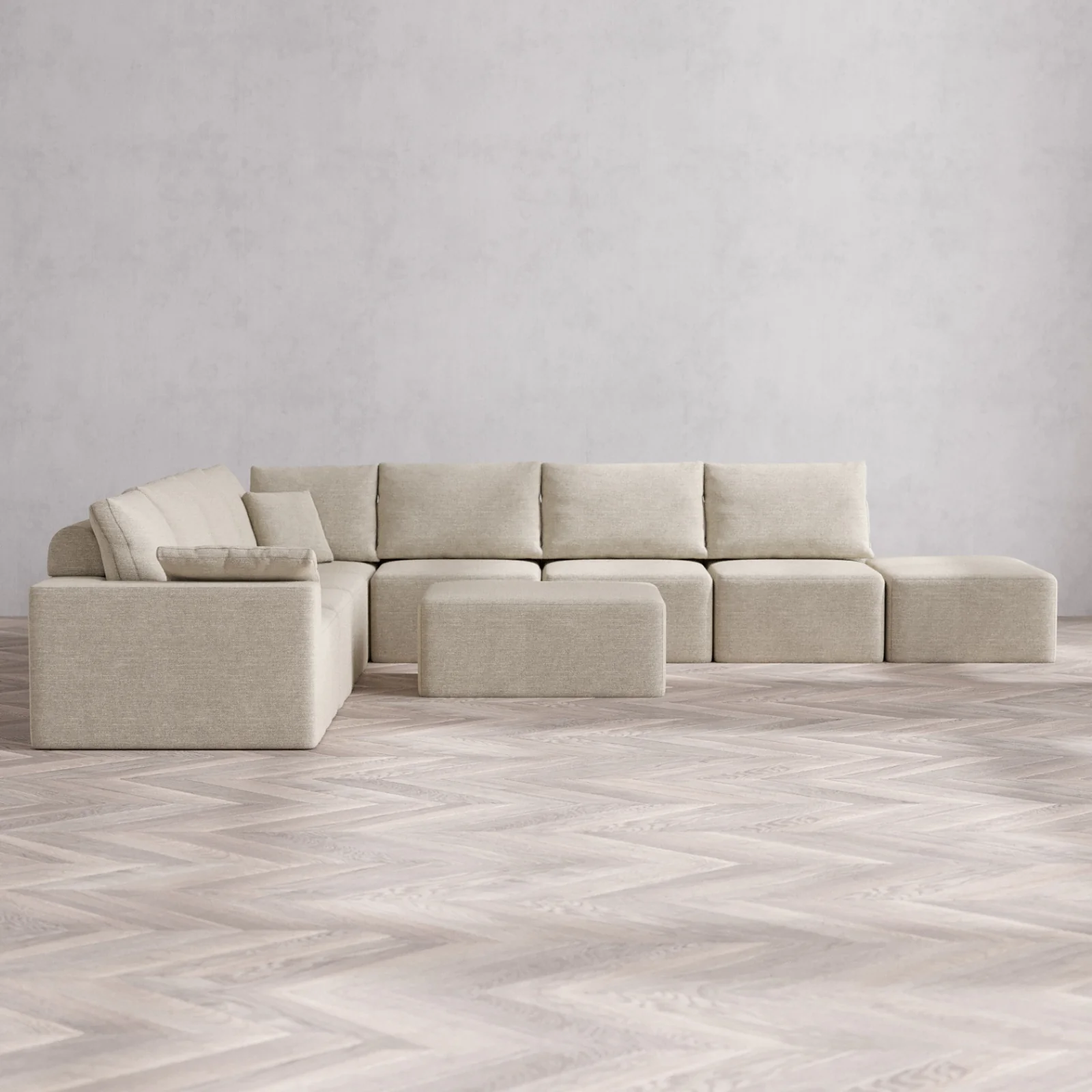Modular Washable 8-Seater Open End Corner Sectional + Chaise Ottoman Cloud + Bolster Sofa | Left-Facing Arm | Plush Twill in Sandstone