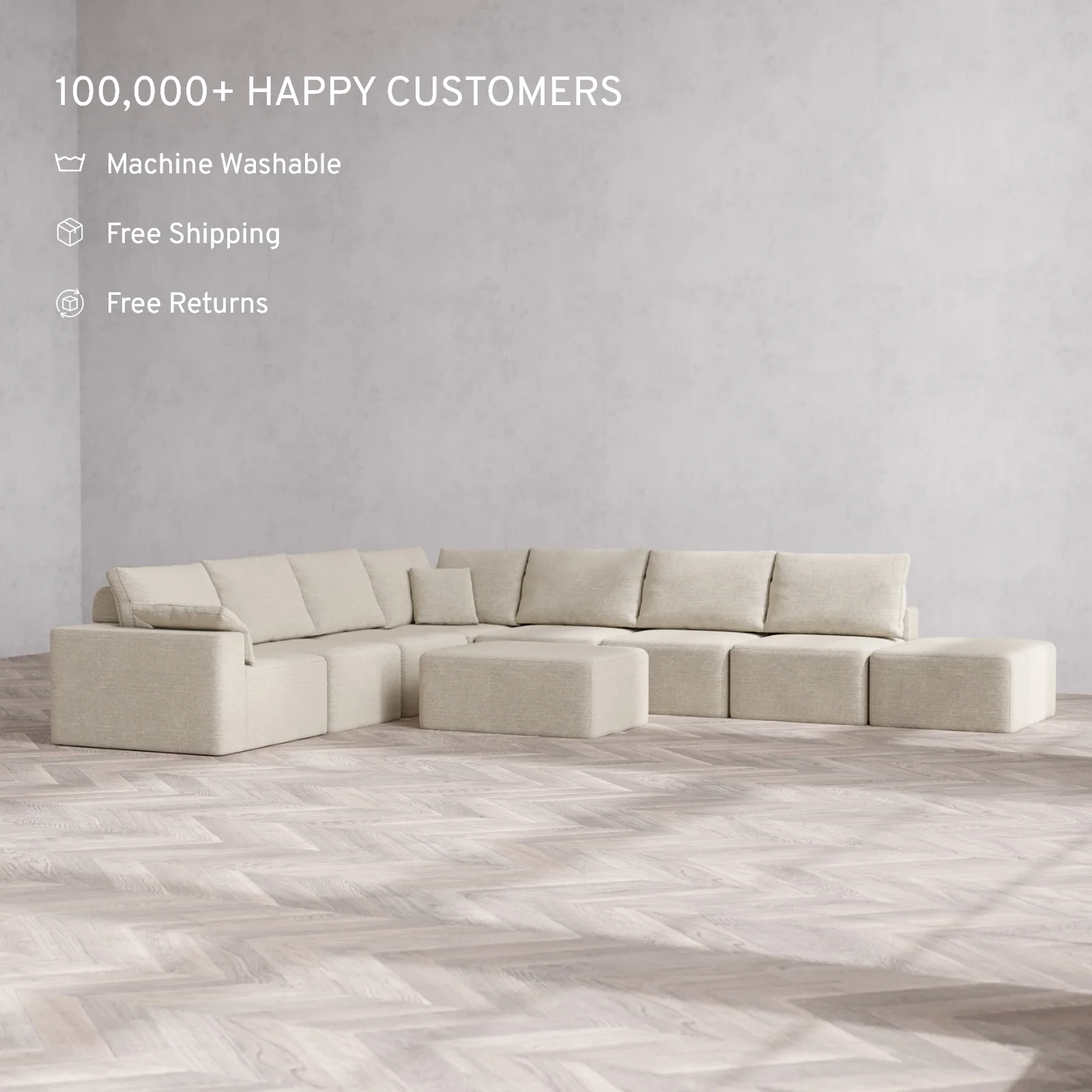 Modular Washable 8-Seater Open End Corner Sectional + Chaise Ottoman Cloud + Bolster Sofa | Left-Facing Arm | Plush Twill in Sandstone - Image 2
