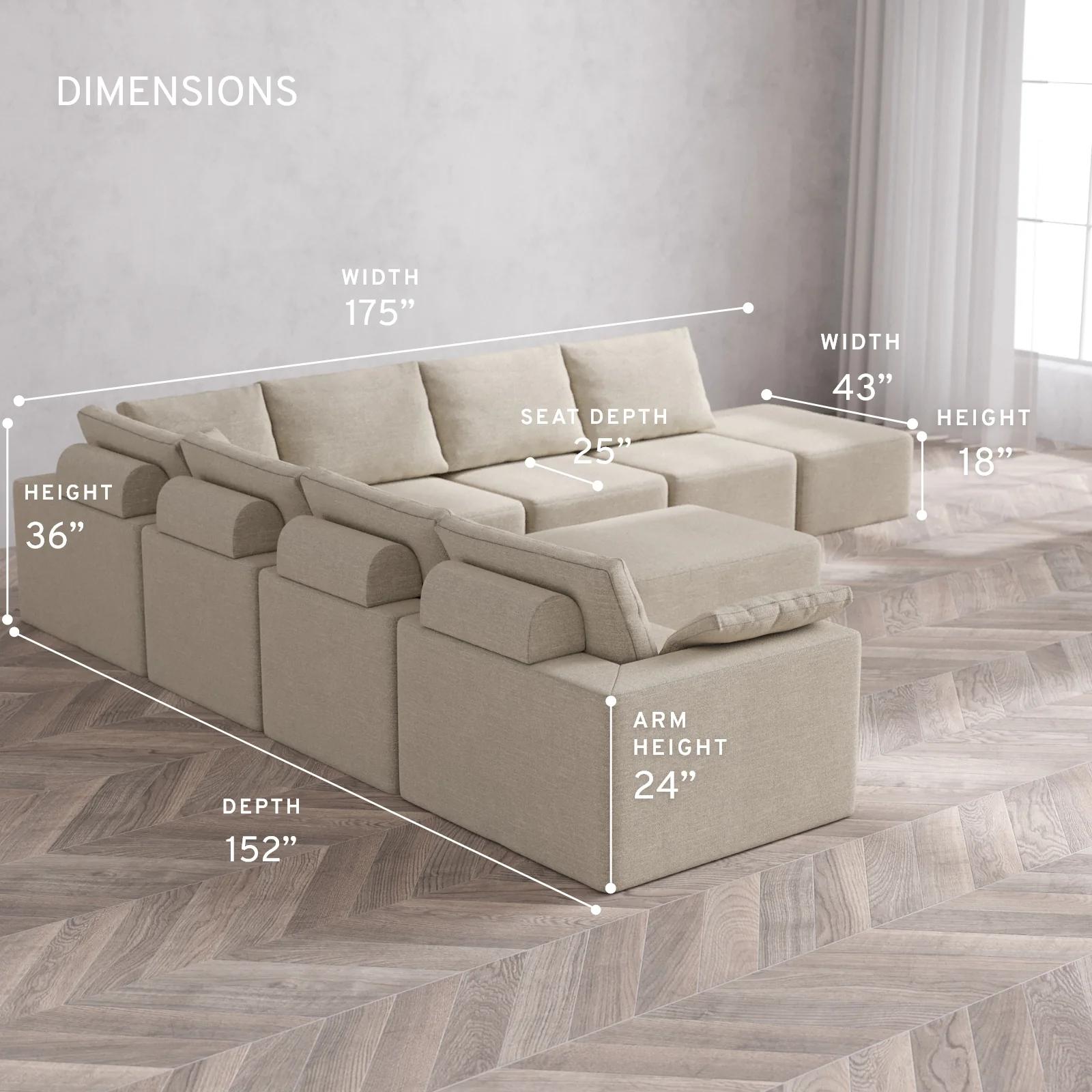 Modular Washable 8-Seater Open End Corner Sectional + Chaise Ottoman Cloud + Bolster Sofa | Left-Facing Arm | Plush Twill in Sandstone - Image 5
