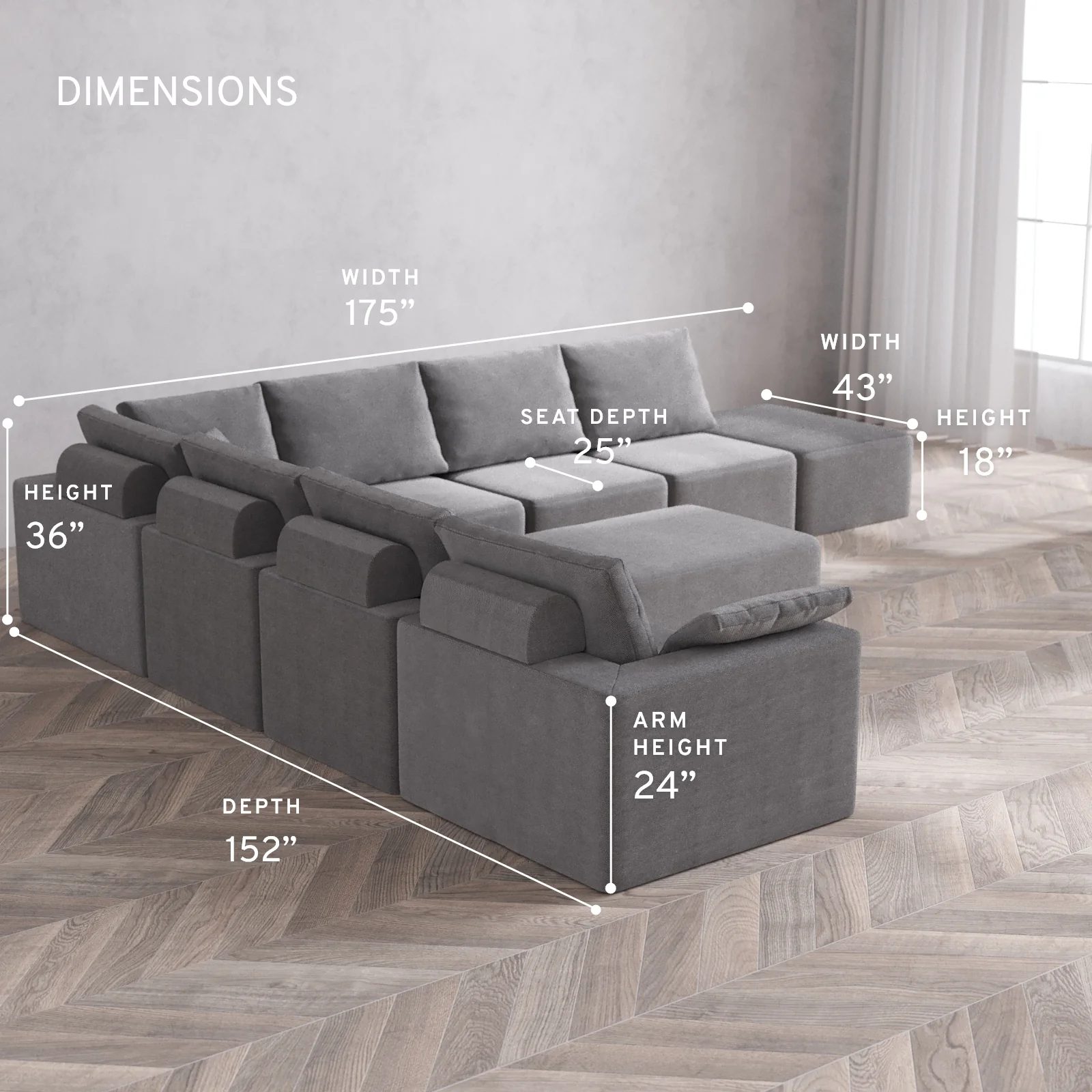 Modular Washable 8-Seater Open End Corner Sectional + Chaise Ottoman Cloud + Bolster Sofa | Left-Facing Arm | Lux Weave in Slate - Image 5