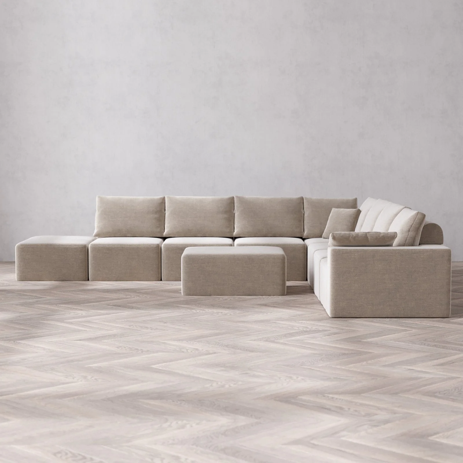 Modular Washable 8-Seater Open End Corner Sectional + Chaise Ottoman Cloud + Bolster Sofa | Right-Facing Arm | Satin Velvet in Caraway