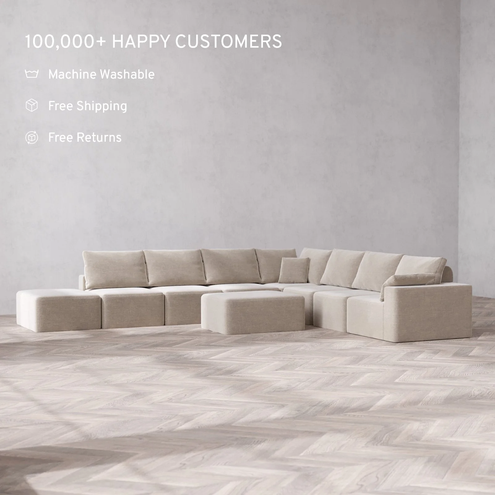 Modular Washable 8-Seater Open End Corner Sectional + Chaise Ottoman Cloud + Bolster Sofa | Right-Facing Arm | Satin Velvet in Caraway - Image 2