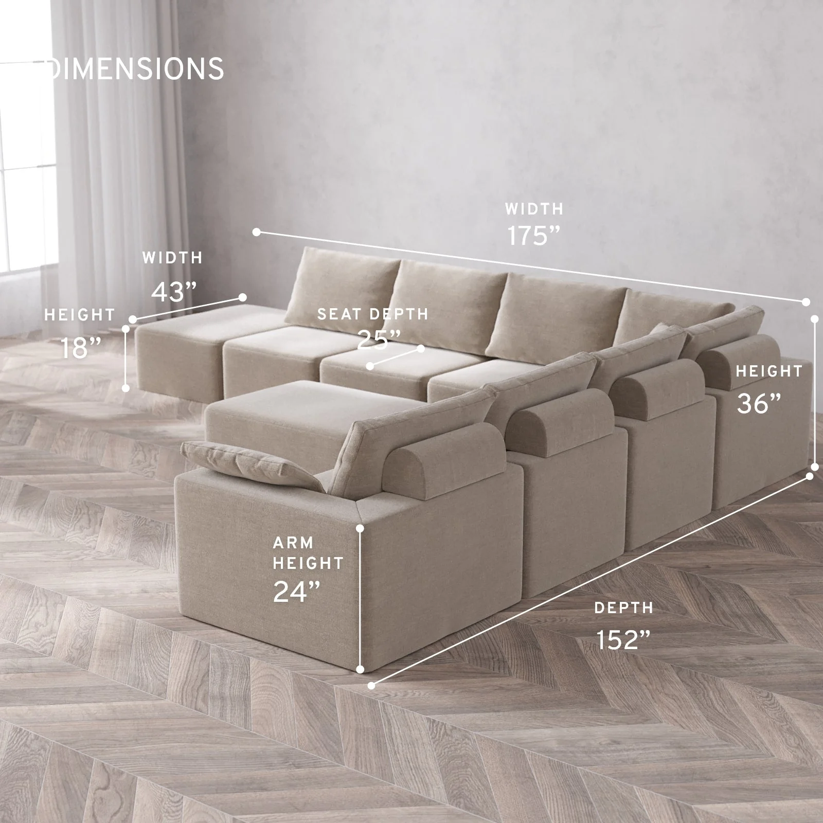 Modular Washable 8-Seater Open End Corner Sectional + Chaise Ottoman Cloud + Bolster Sofa | Right-Facing Arm | Satin Velvet in Caraway - Image 5