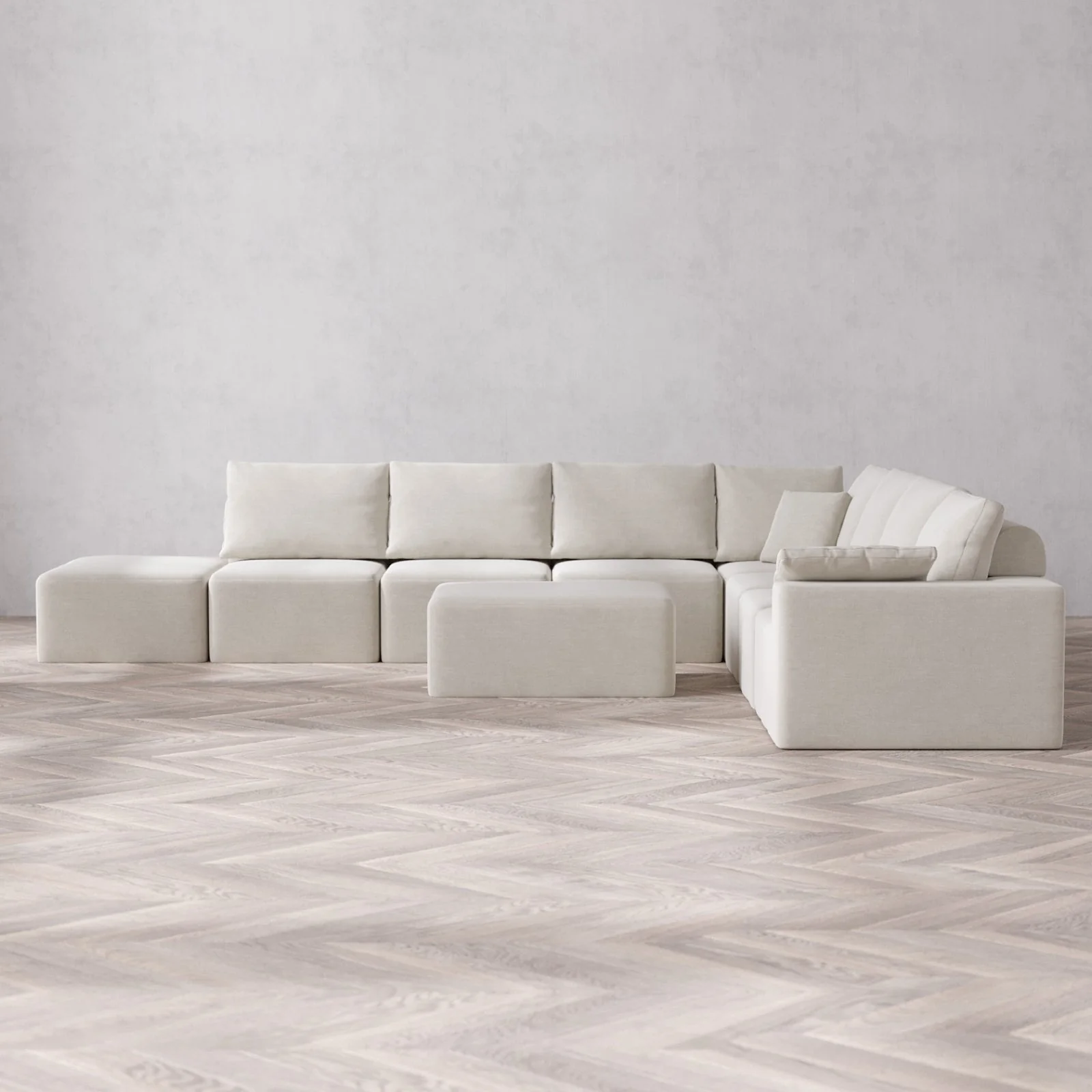 Modular Washable 8-Seater Open End Corner Sectional + Chaise Ottoman Cloud + Bolster Sofa | Right-Facing Arm | Satin Velvet in Cashew
