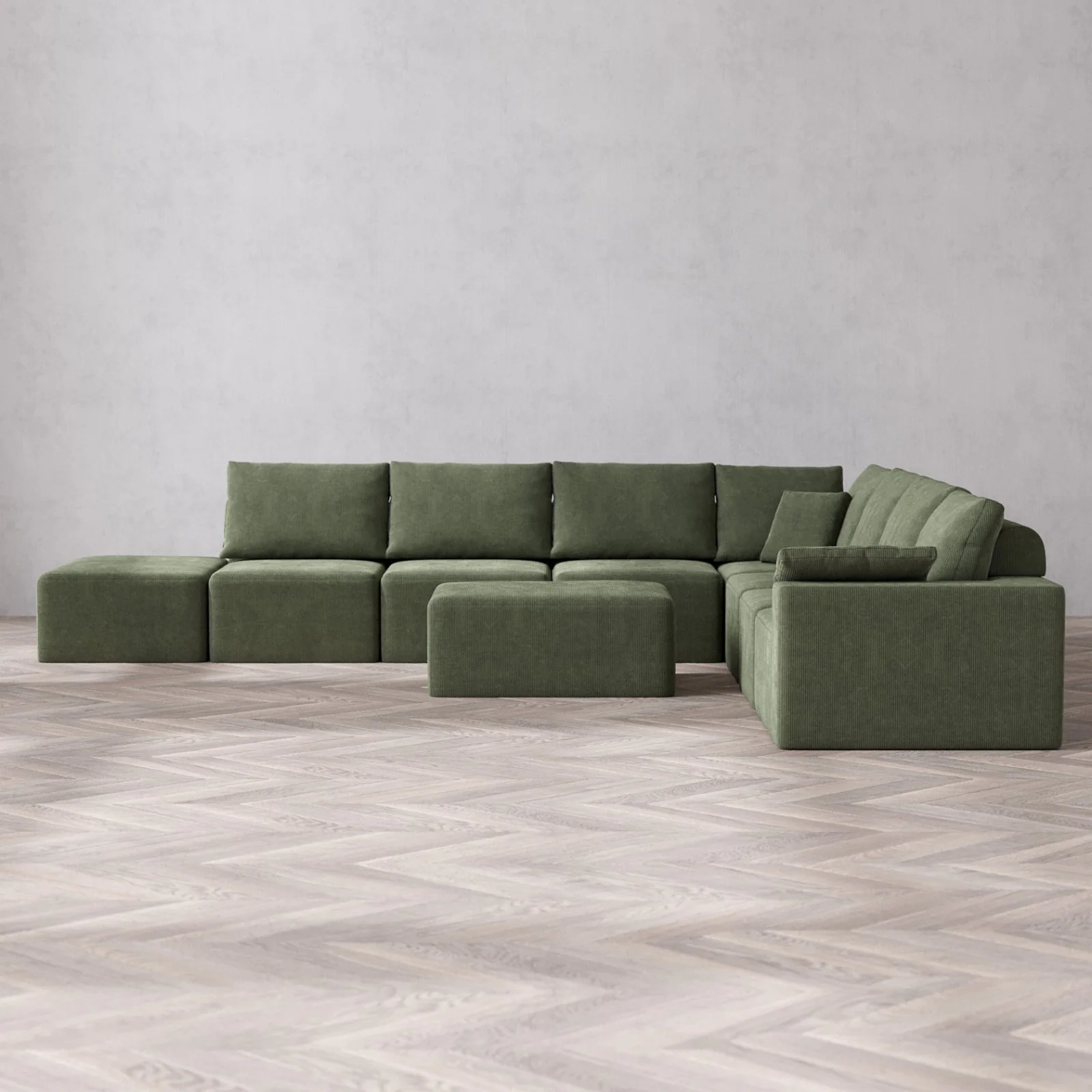 Modular Washable 8-Seater Open End Corner Sectional + Chaise Ottoman Cloud + Bolster Sofa | Right-Facing Arm | Luxe Corduroy in Juniper