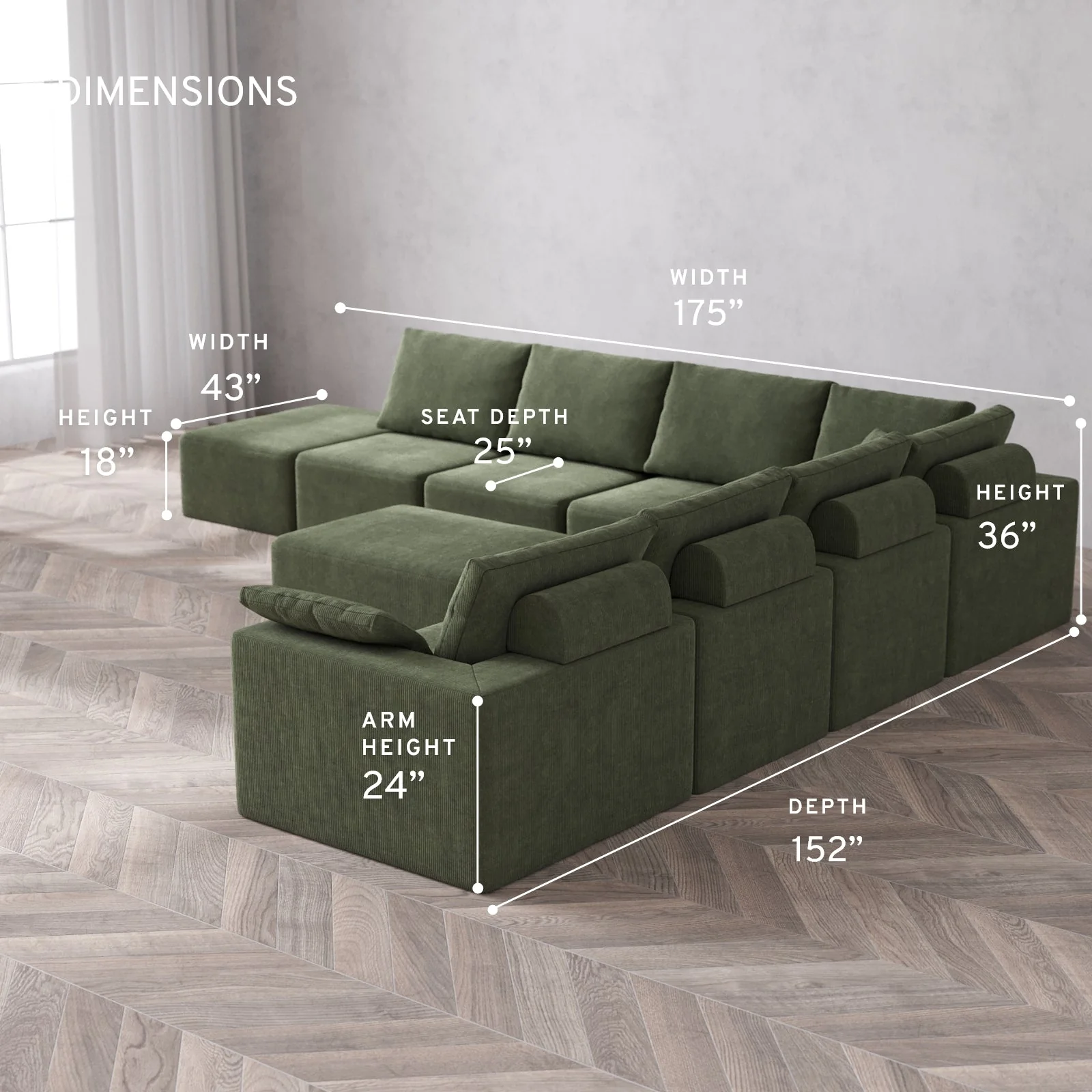 Modular Washable 8-Seater Open End Corner Sectional + Chaise Ottoman Cloud + Bolster Sofa | Right-Facing Arm | Luxe Corduroy in Juniper - Image 5
