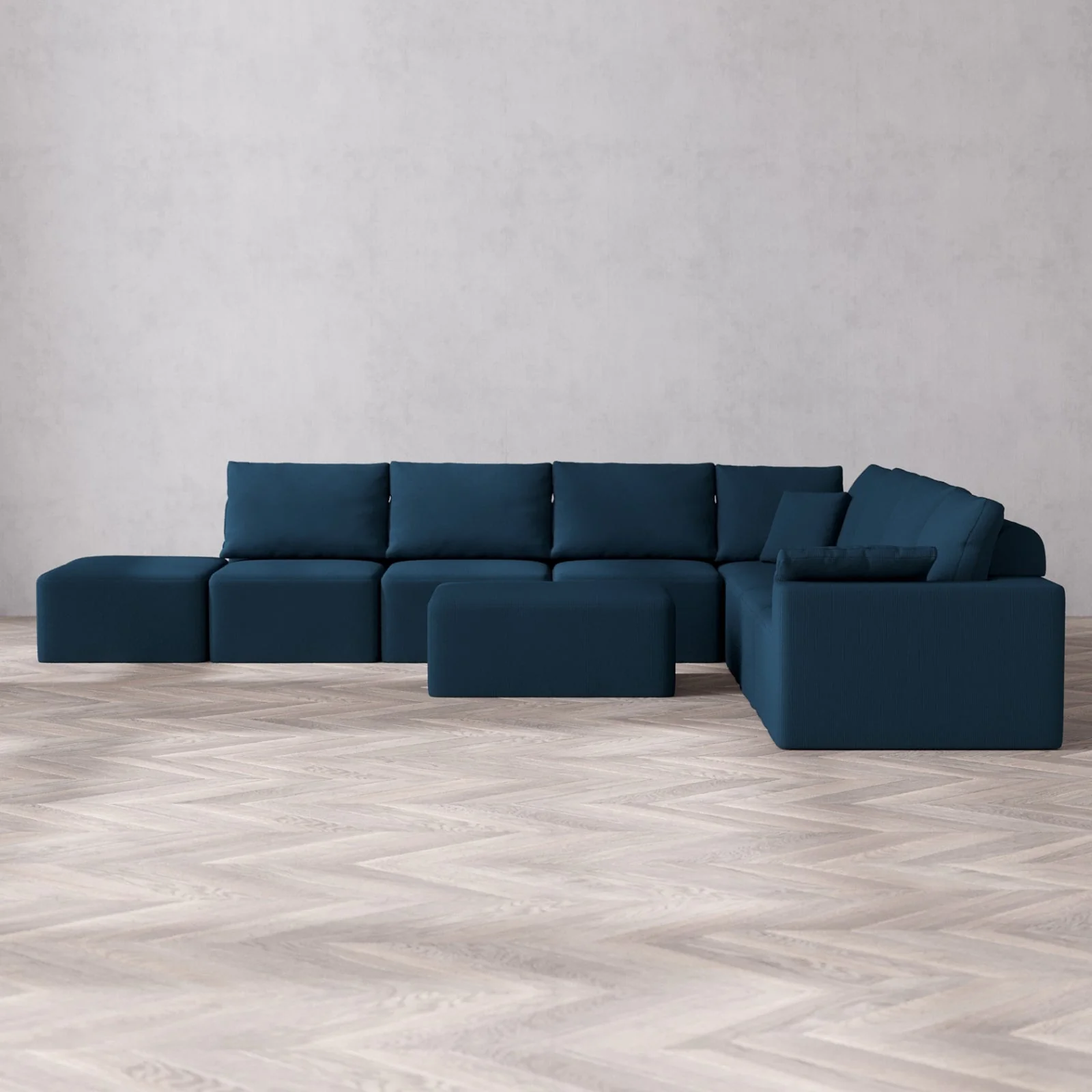 Modular Washable 8-Seater Open End Corner Sectional + Chaise Ottoman Cloud + Bolster Sofa | Right-Facing Arm | Arden Weave in Lazuli