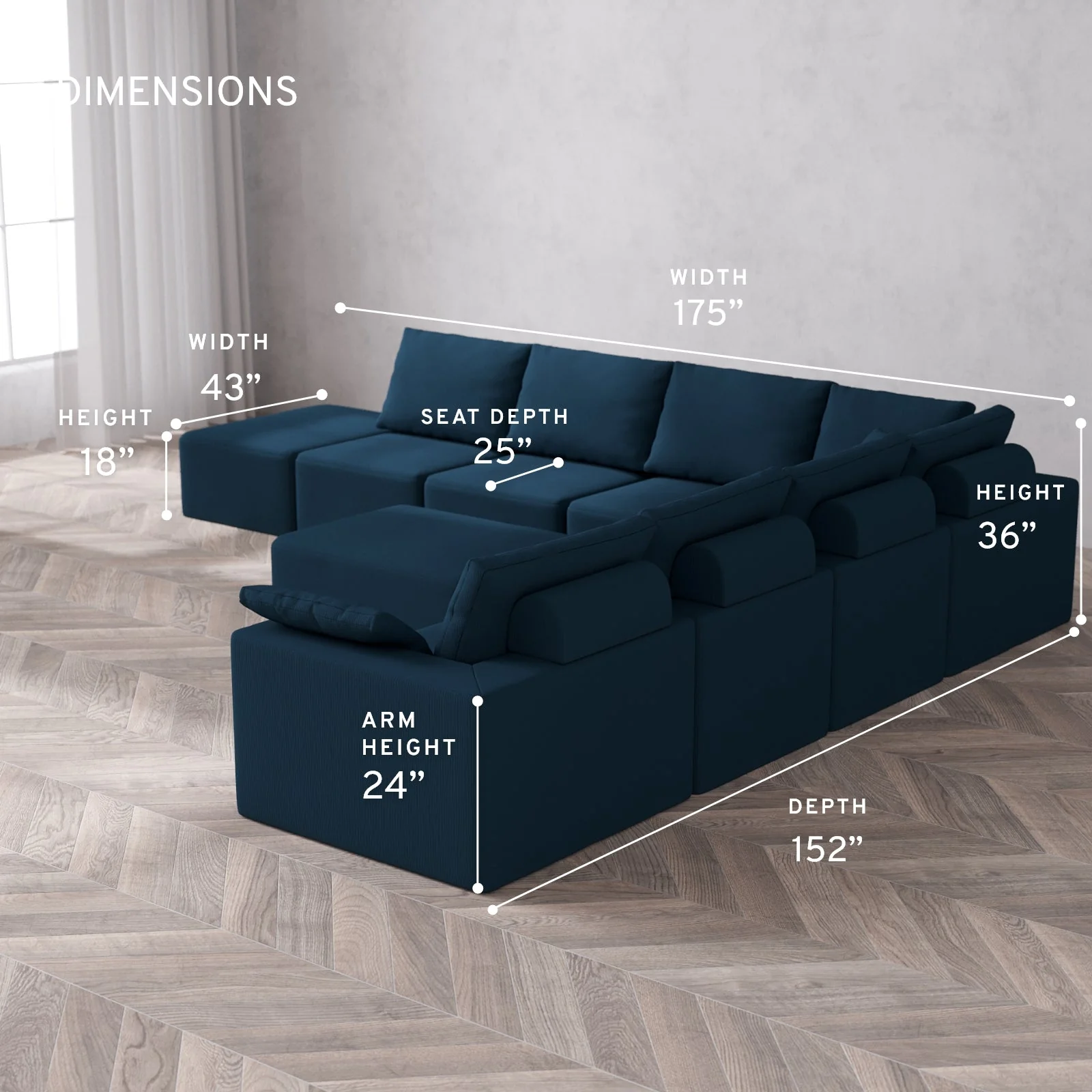 Modular Washable 8-Seater Open End Corner Sectional + Chaise Ottoman Cloud + Bolster Sofa | Right-Facing Arm | Arden Weave in Lazuli - Image 5