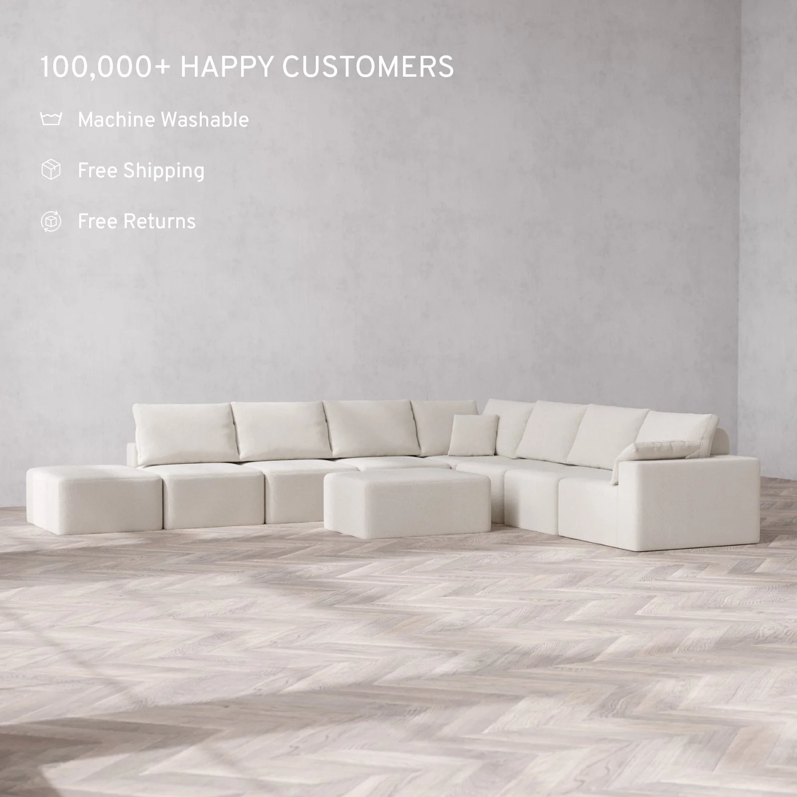 Modular Washable 8-Seater Open End Corner Sectional + Chaise Ottoman Cloud + Bolster Sofa | Right-Facing Arm | Lux Weave in Pearl - Image 2