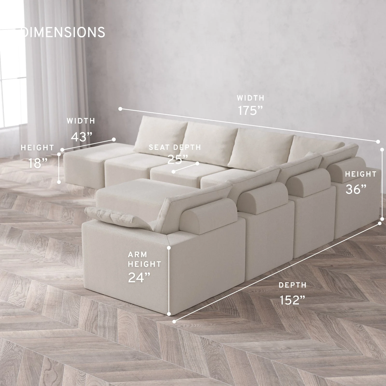 Modular Washable 8-Seater Open End Corner Sectional + Chaise Ottoman Cloud + Bolster Sofa | Right-Facing Arm | Lux Weave in Pearl - Image 5