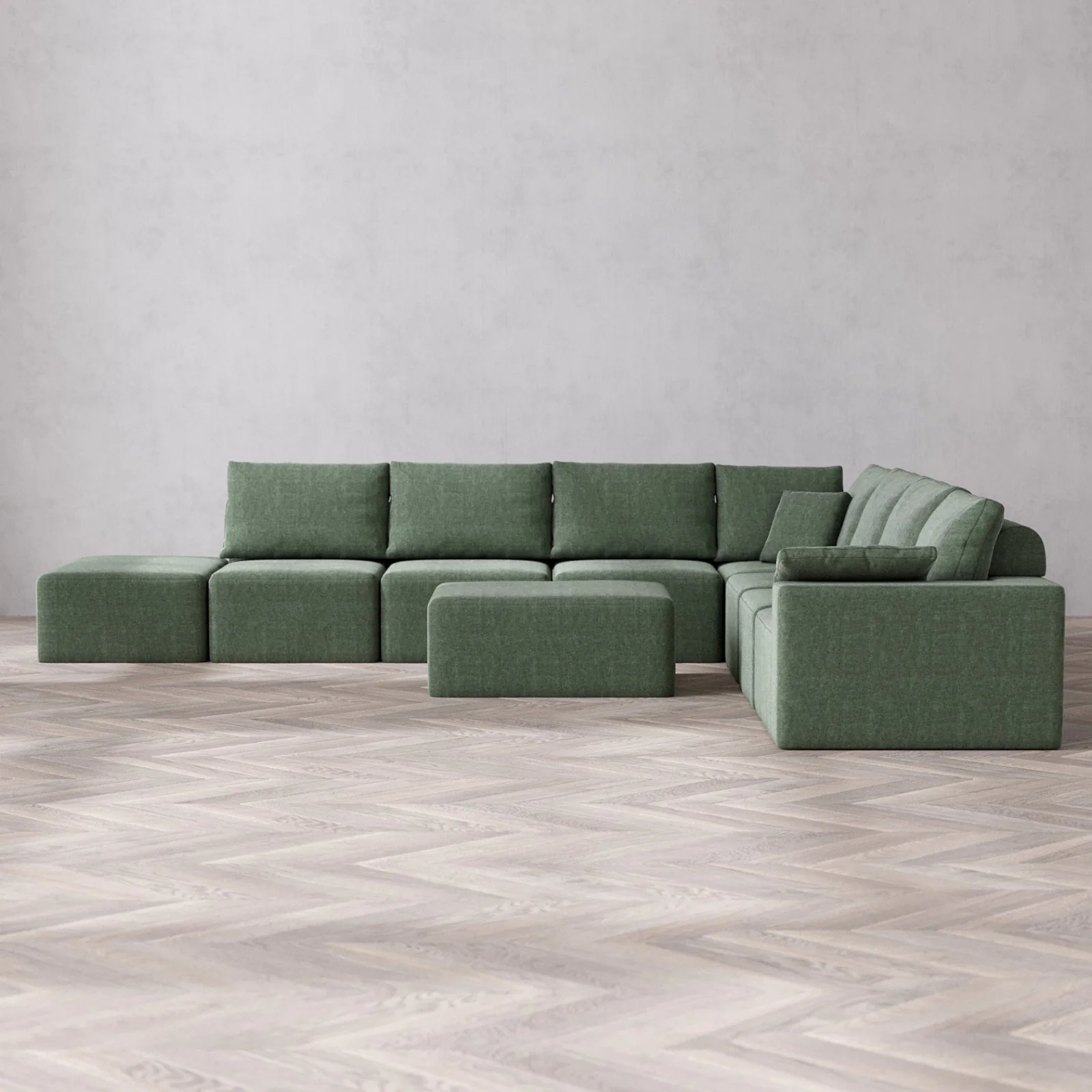 Modular Washable 8-Seater Open End Corner Sectional + Chaise Ottoman Cloud + Bolster Sofa | Right-Facing Arm | Heirloom Velvet in Sage