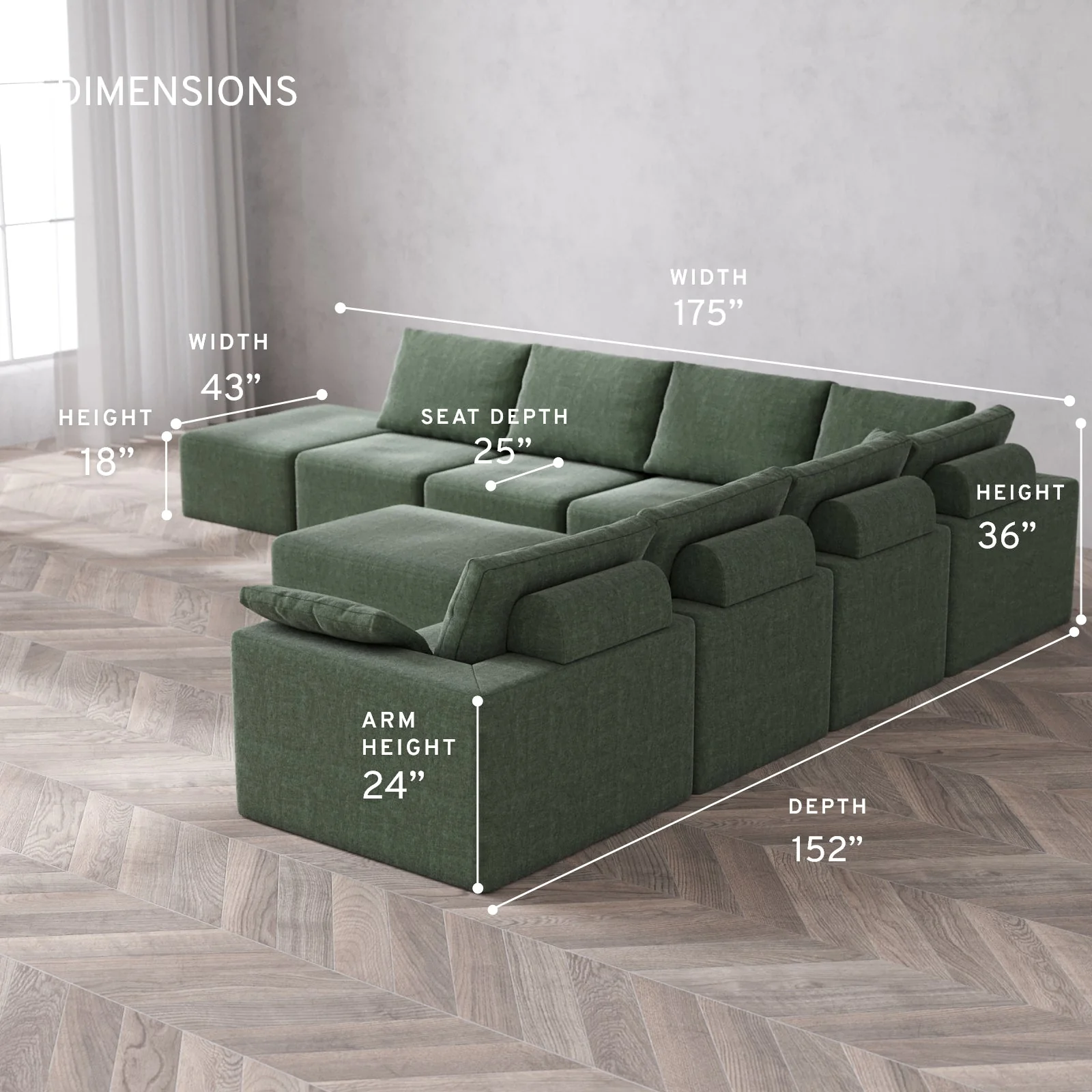 Modular Washable 8-Seater Open End Corner Sectional + Chaise Ottoman Cloud + Bolster Sofa | Right-Facing Arm | Heirloom Velvet in Sage - Image 5