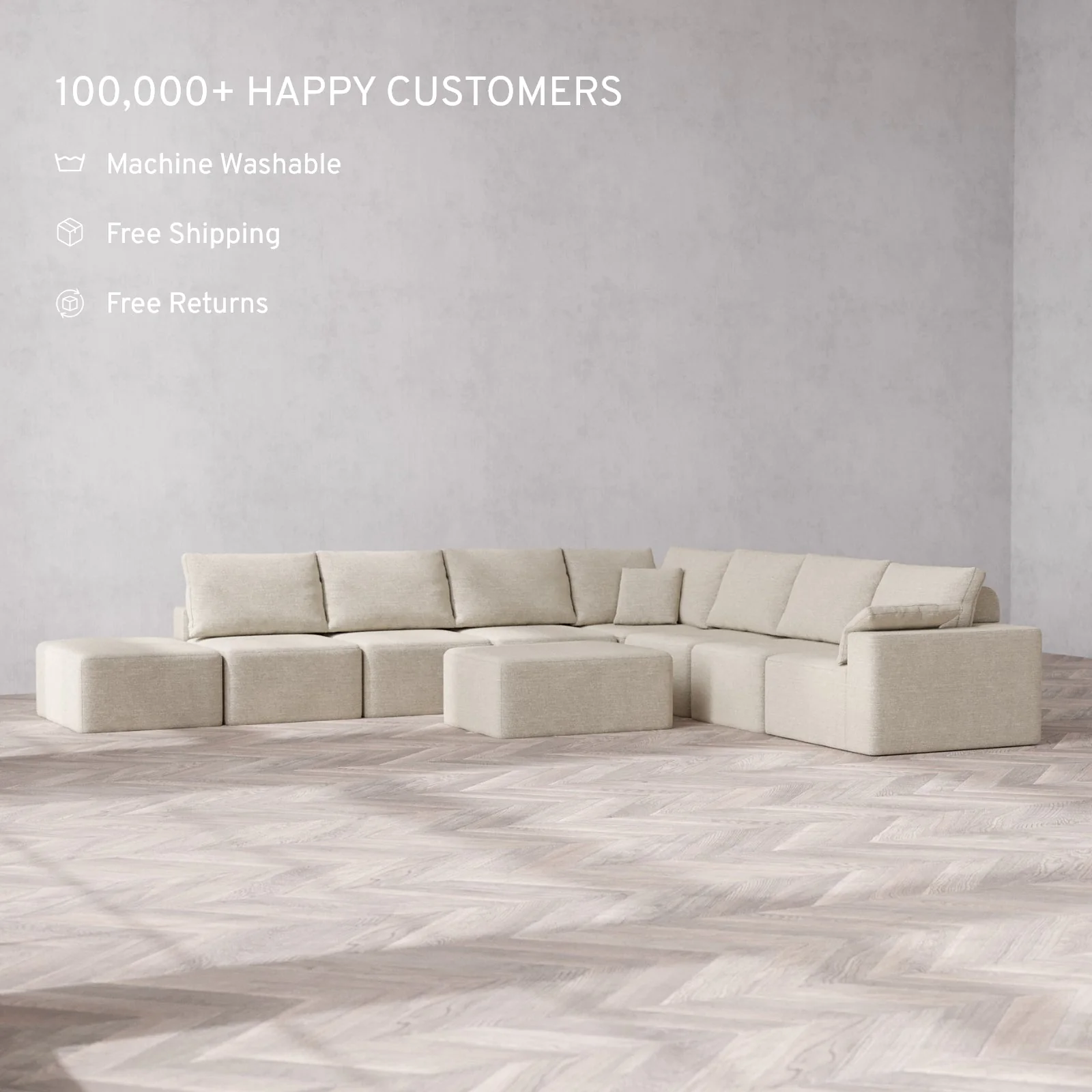 Modular Washable 8-Seater Open End Corner Sectional + Chaise Ottoman Cloud + Bolster Sofa | Right-Facing Arm | Plush Twill in Sandstone - Image 2