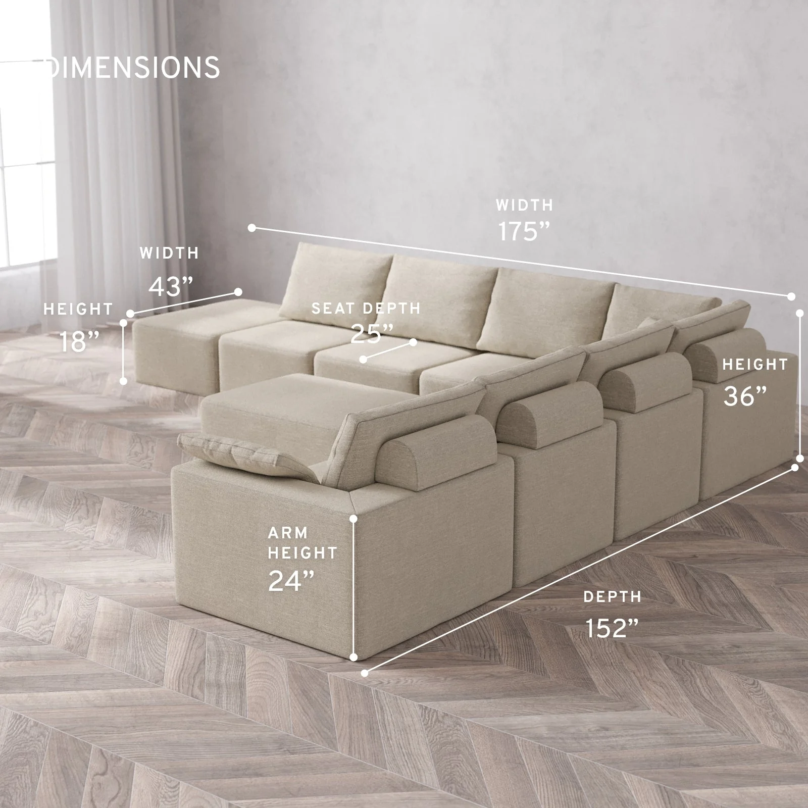 Modular Washable 8-Seater Open End Corner Sectional + Chaise Ottoman Cloud + Bolster Sofa | Right-Facing Arm | Plush Twill in Sandstone - Image 5