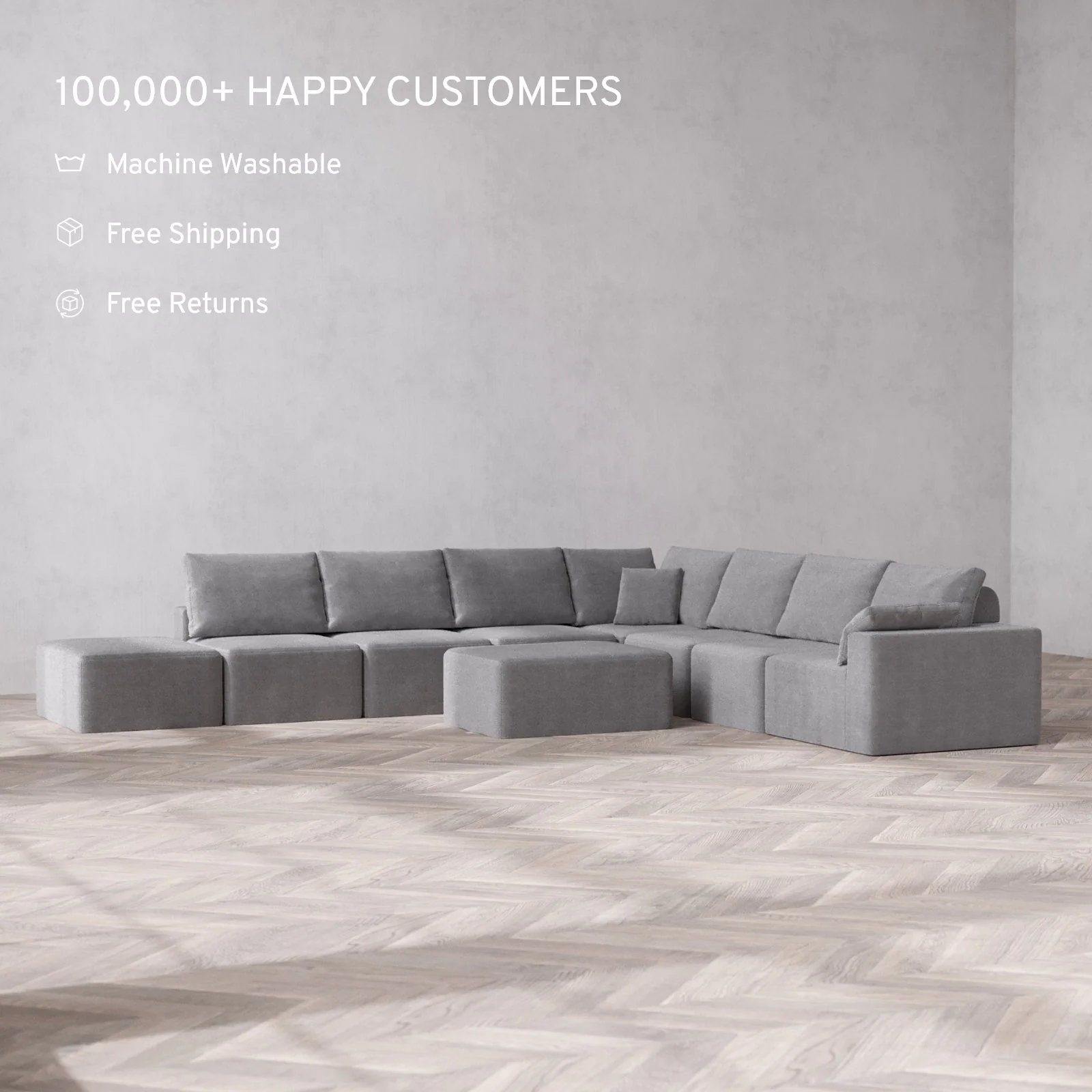 Modular Washable 8-Seater Open End Corner Sectional + Chaise Ottoman Cloud + Bolster Sofa | Right-Facing Arm | Lux Weave in Slate - Image 2