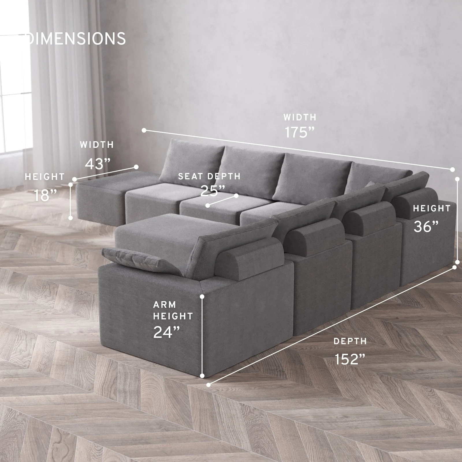Modular Washable 8-Seater Open End Corner Sectional + Chaise Ottoman Cloud + Bolster Sofa | Right-Facing Arm | Lux Weave in Slate - Image 5