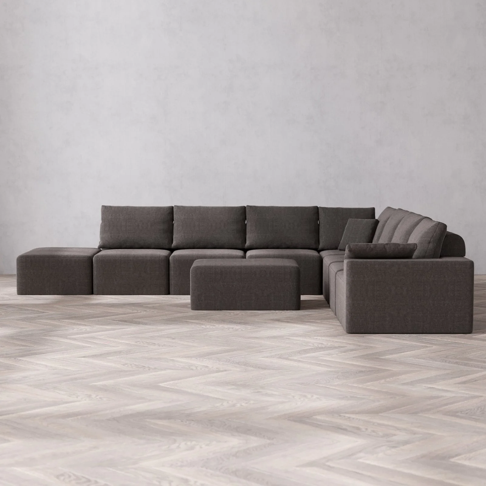 Modular Washable 8-Seater Open End Corner Sectional + Chaise Ottoman Cloud + Bolster Sofa | Right-Facing Arm | Heirloom Velvet in Truffle