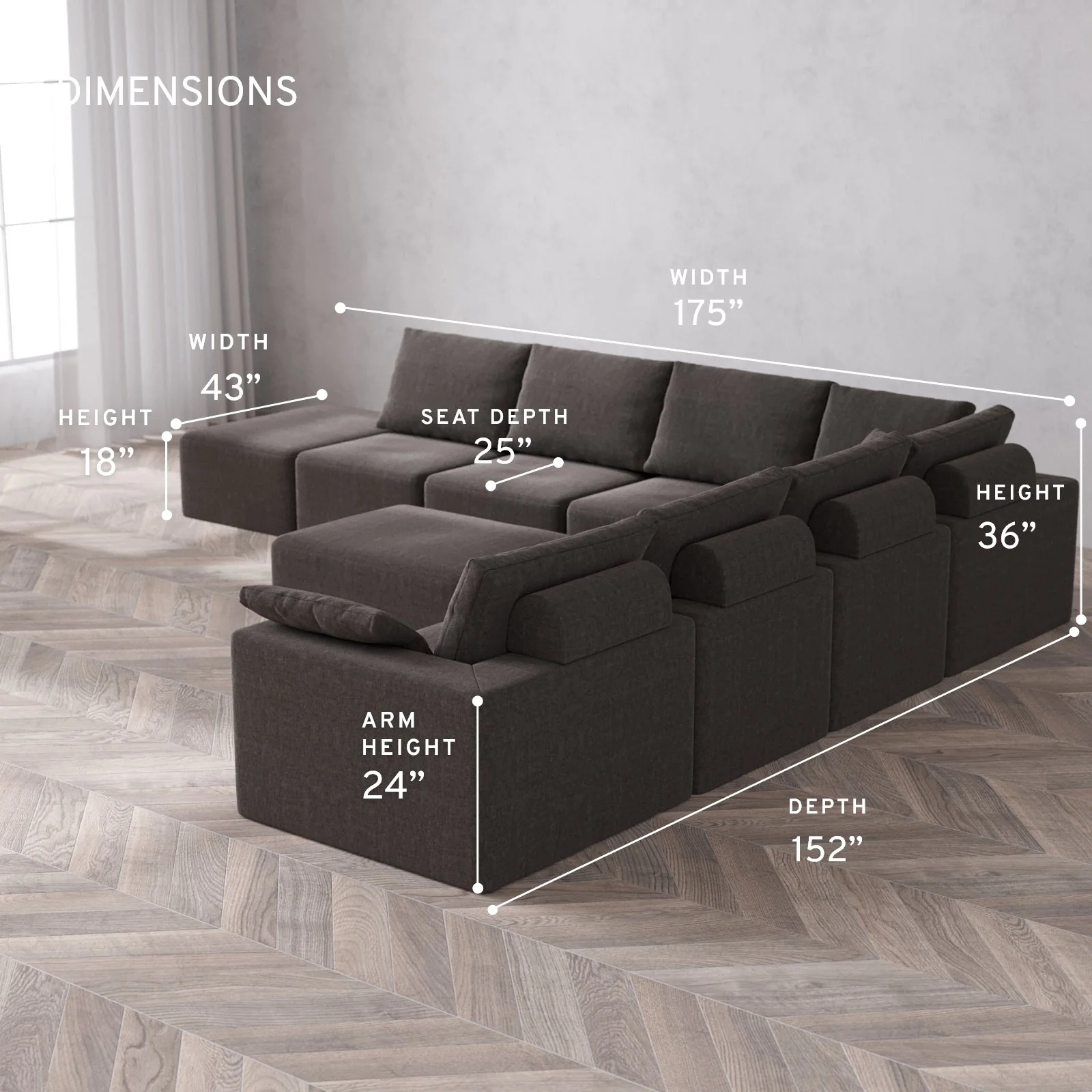 Modular Washable 8-Seater Open End Corner Sectional + Chaise Ottoman Cloud + Bolster Sofa | Right-Facing Arm | Heirloom Velvet in Truffle - Image 5