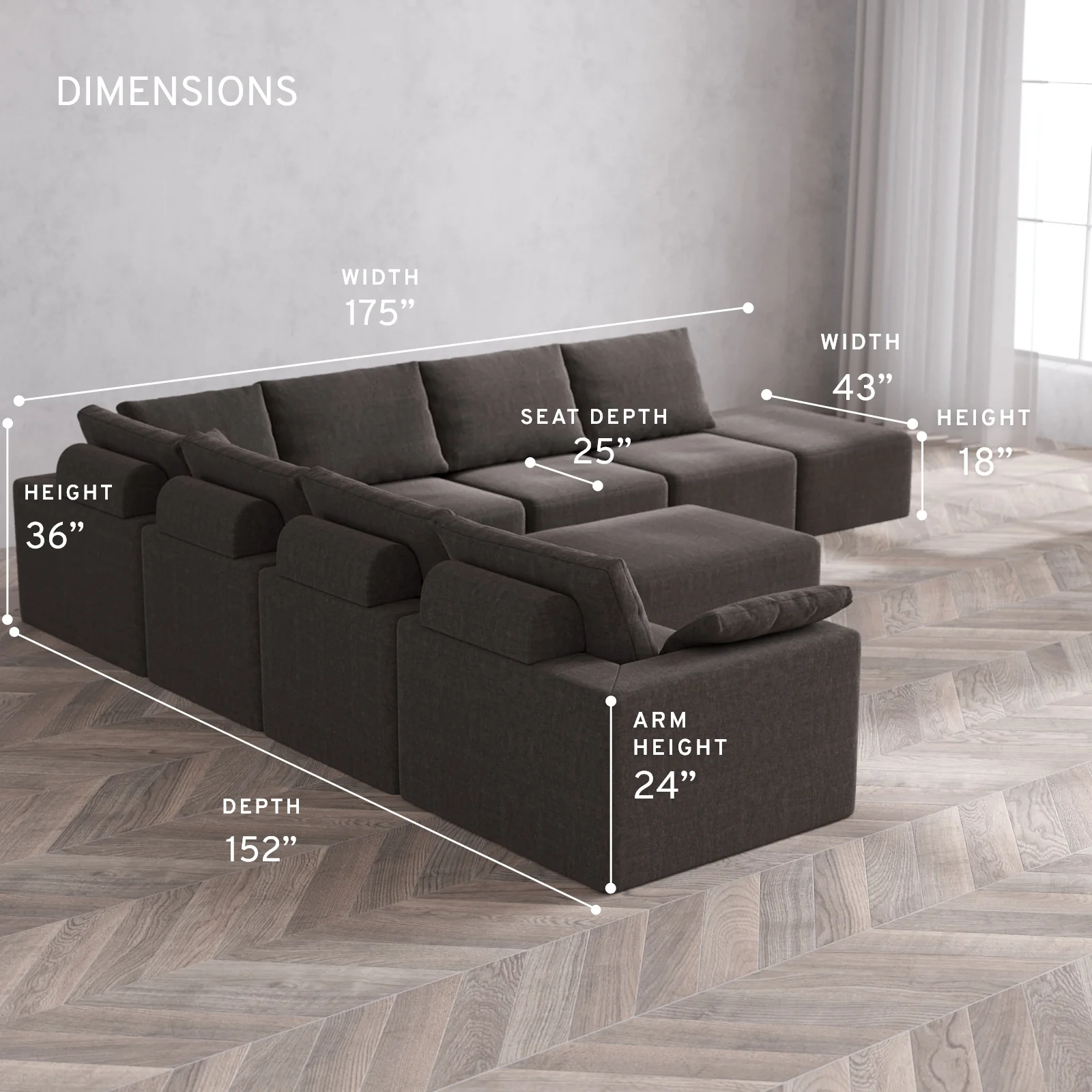 Modular Washable 8-Seater Open End Corner Sectional + Chaise Ottoman Cloud + Bolster Sofa | Left-Facing Arm | Heirloom Velvet in Truffle - Image 5