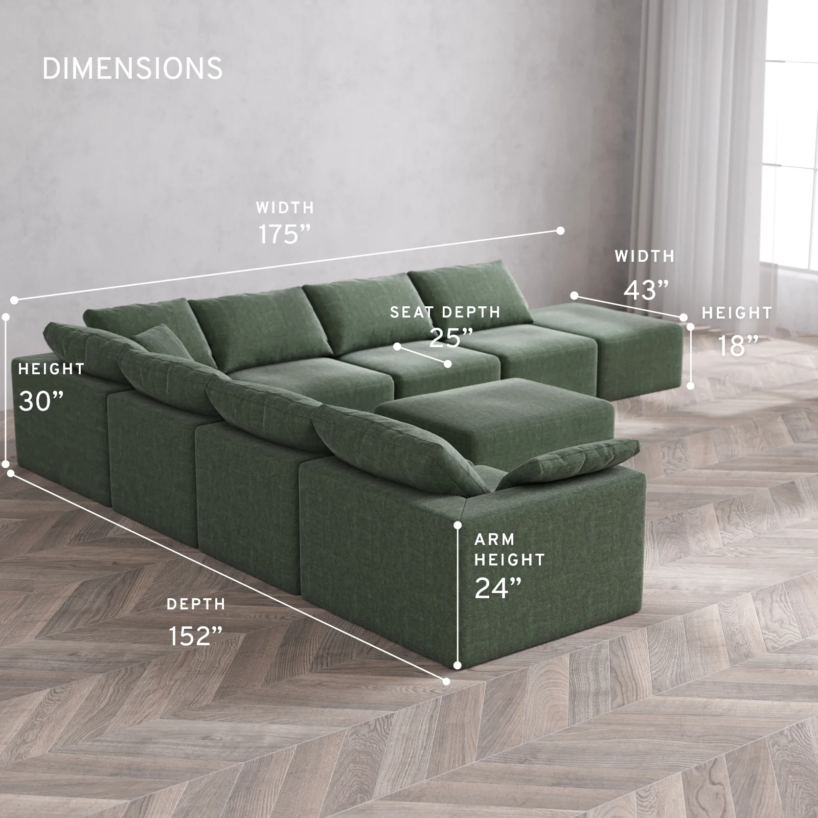 Modular Washable 8-Seater Open End Corner Sectional + Chaise Ottoman Cloud Sofa | Left-Facing Arm | Heirloom Velvet in Sage - Image 5